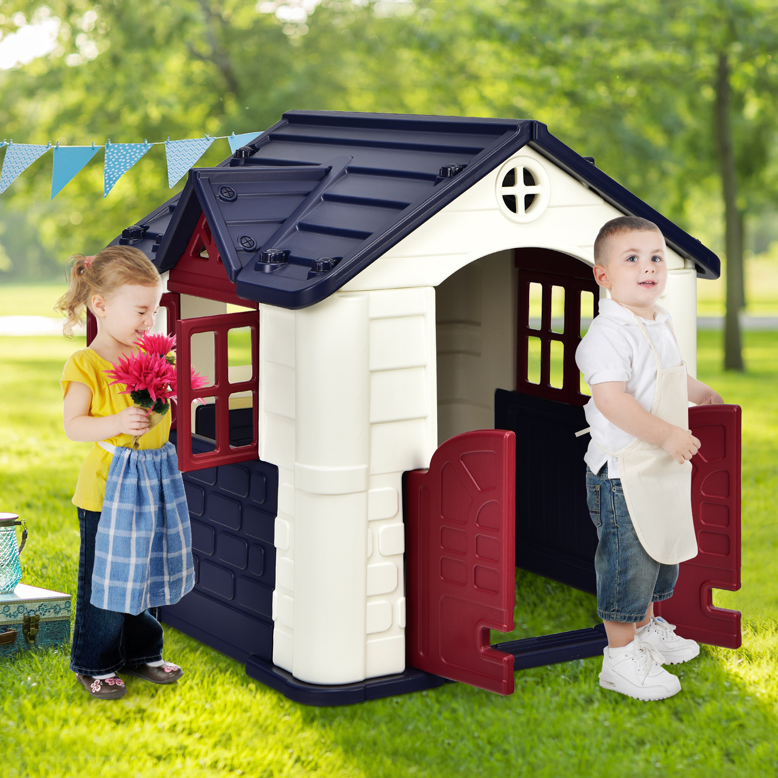 Infans Kid's Playhouse Games Cottage w/ 7 PCS Toy Set & Waterproof Cover Blue