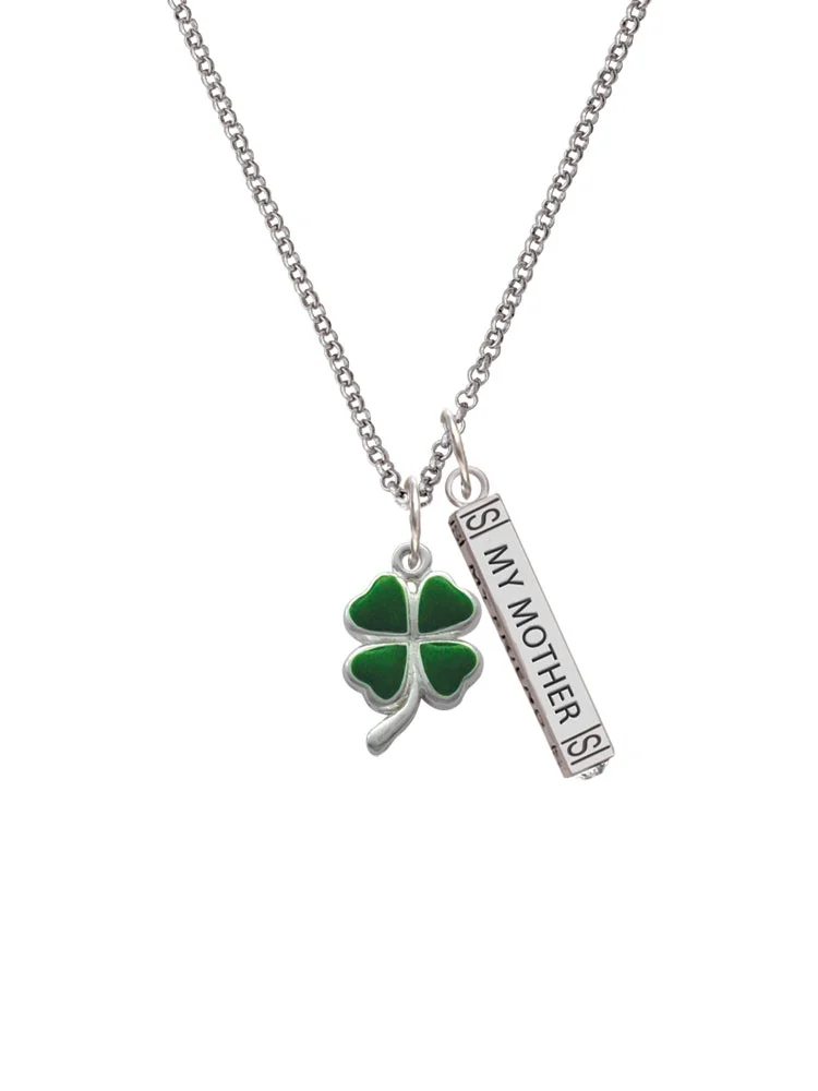 Delight Jewelry Silvertone Green Four Leaf Clover with Heart Leaves Silvertone Always My Mother Bar Charm Necklace, 23