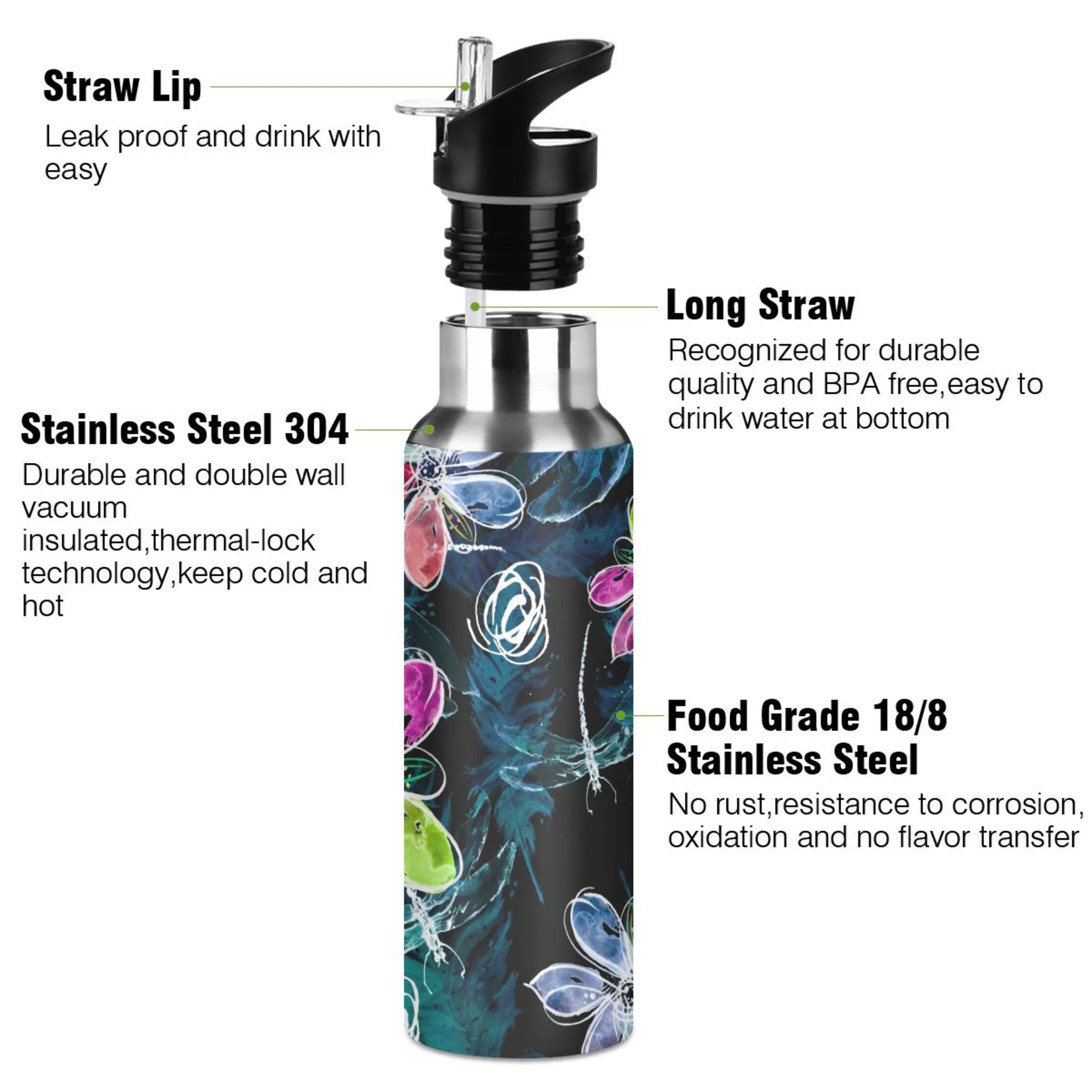 Water Bottle with Straw Lid Leak Abstract Art Dragonfly Flower Stainless Steel Insulated Thermos Vacuum Flask for Cold Hot Drinking for Sports Camping Gym Yoga