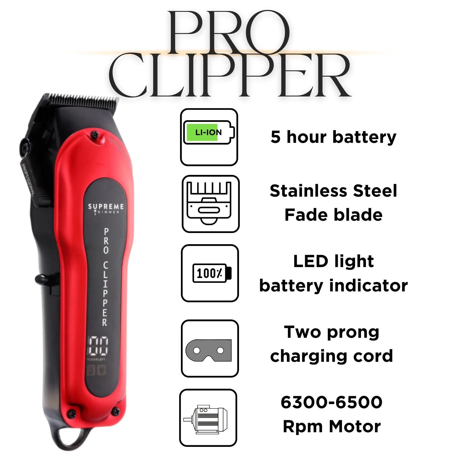 Supreme Trimmer Pro Clipper w/ Fade Blade | 300 Min Run Time Professional Clipper Set, Cordless Beard Trimmer | STC5030 Red
