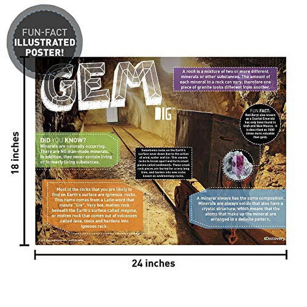 Discovery Kids Gemstone Dig Stem Science Kit by Horizon Group Usa, Excavate, Dig & Reveal 11 Real Gemstones, Includes Goggles, Excavation Tools, Streak Plate, Magnifying Glass & More