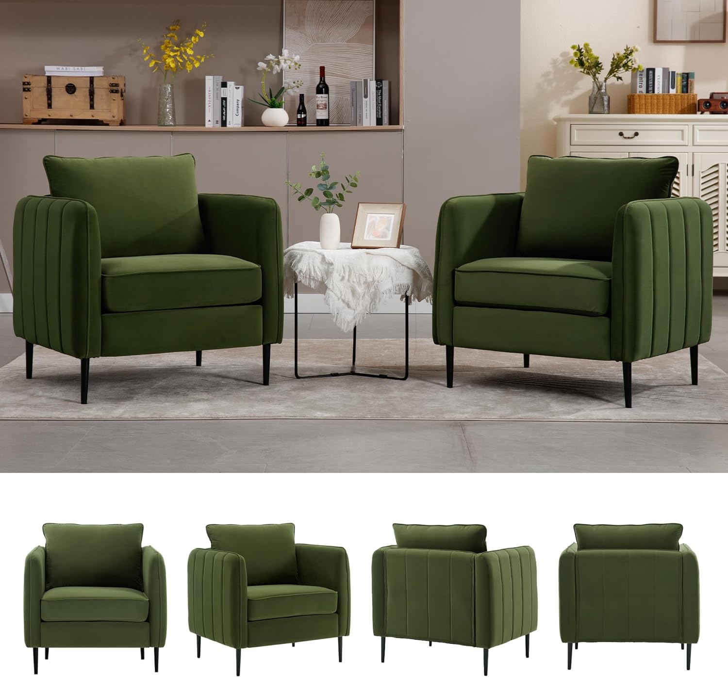 DecoraFlex Olive Green Accent Chairs for Living Room,Comfy Velvet Armchair with Thick Cushion, Single Sofa/Side Chair for Bedroom Office Reading Chair