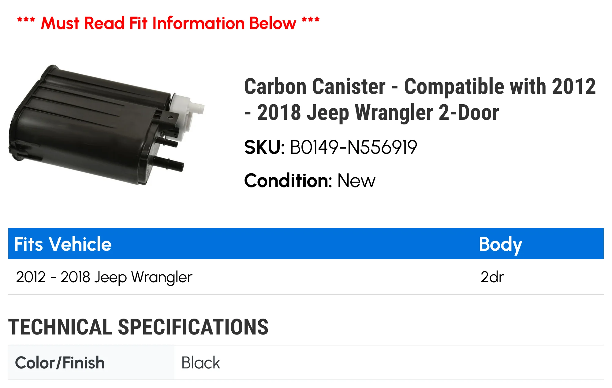 Carbon Canister - Compatible with 2012 - 2018 Jeep Wrangler 2-Door 2013 2014 2015 2016 2017