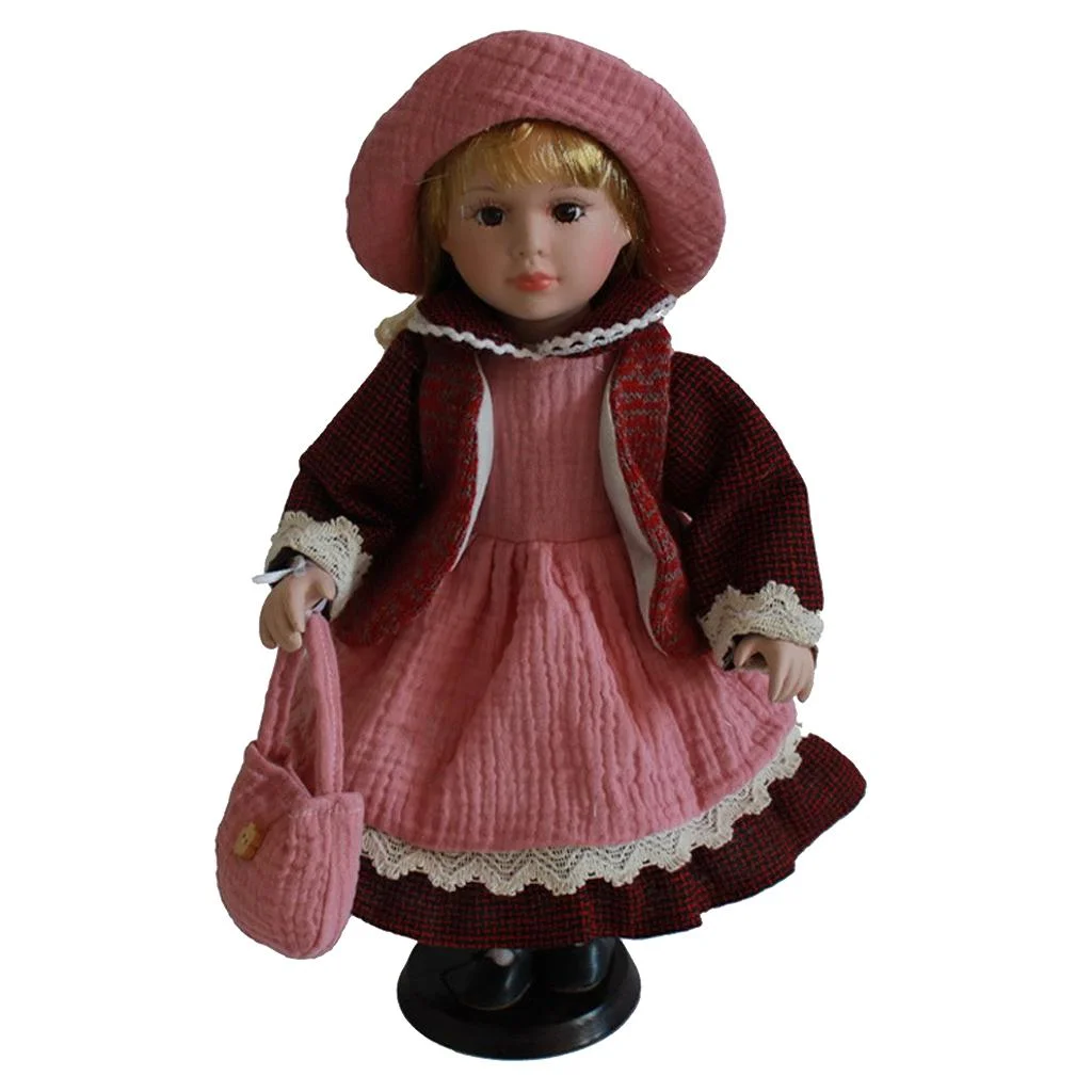 40cm Porcelain Doll with Display Stand,  Girl Figures Dollhouse People Decoration ( Pink Dress Hat Outfits)