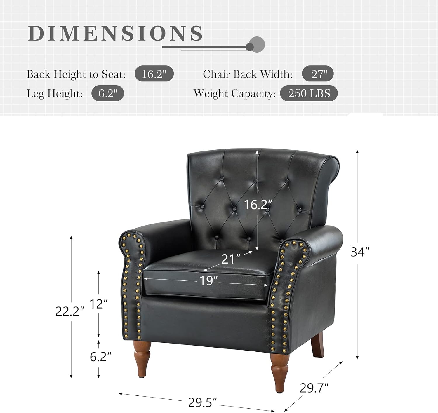 Faux Leather Accent Chair Set Of 2 -Century Living Room Armchairs With Solid Wood Legs Padded PU Leather Chair Button Tufted Back Sofa Chair For Living Room Bedroom Home Reception,Black