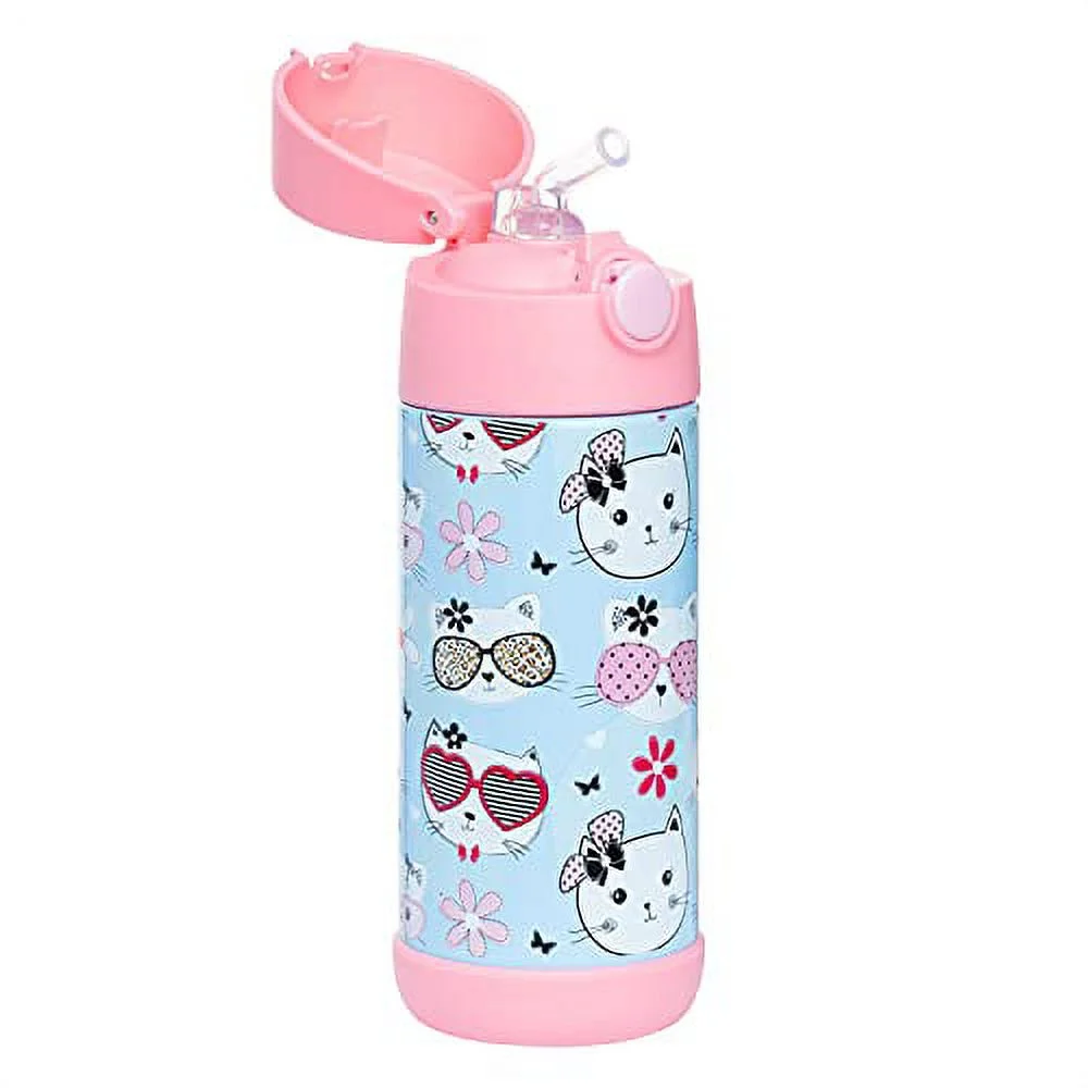 Snug Kids Water Bottle - insulated stainless steel thermos with straw (Girls/Boys) - Kitty, 12oz