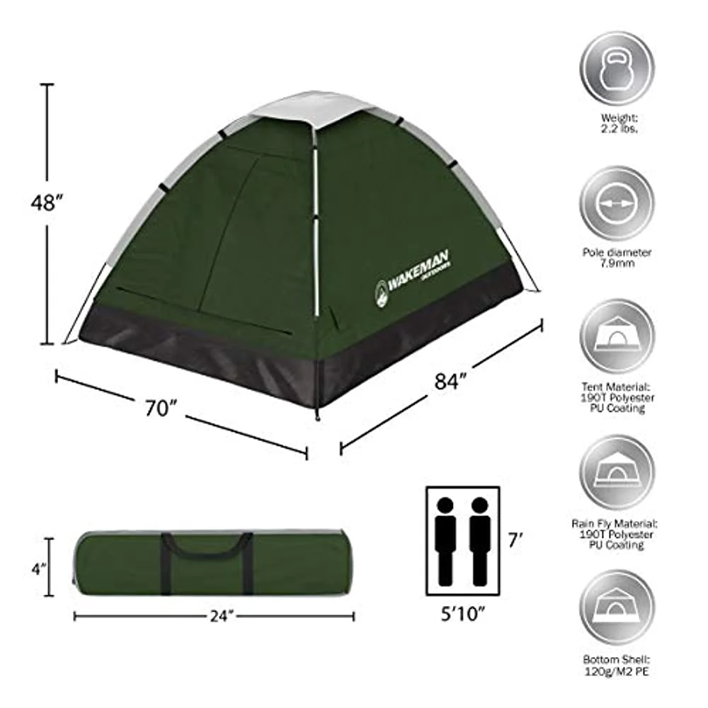 Wakeman Outdoors 75-CMP1082 2-Person Dome Tent, Green