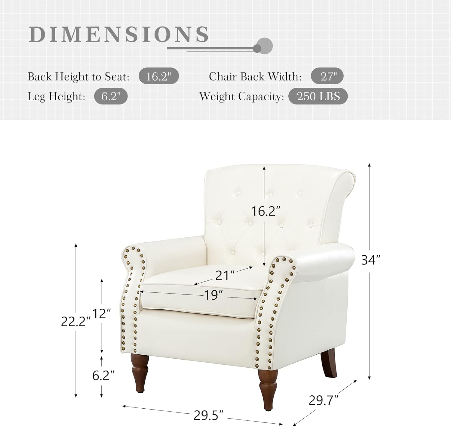 Faux Leather Accent Chair -Century Living Room Armchair With Solid Wood Legs Padded PU Leather Arm Chair Button Tufted Back Sofa Chair For Living Room Bedroom Home Reception, Ivory