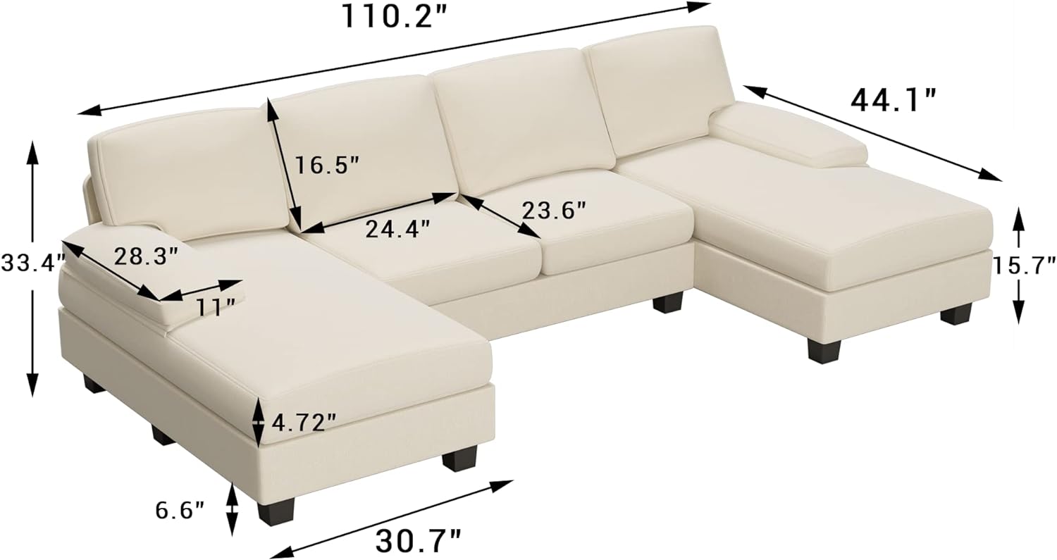 Convertible Sectional Sofa Couch, 4 Seat Sofa Set for Living Room U-Shaped Modern Fabric Modular Sofa Sleeper with Double Chaise & Memory Foam (White)