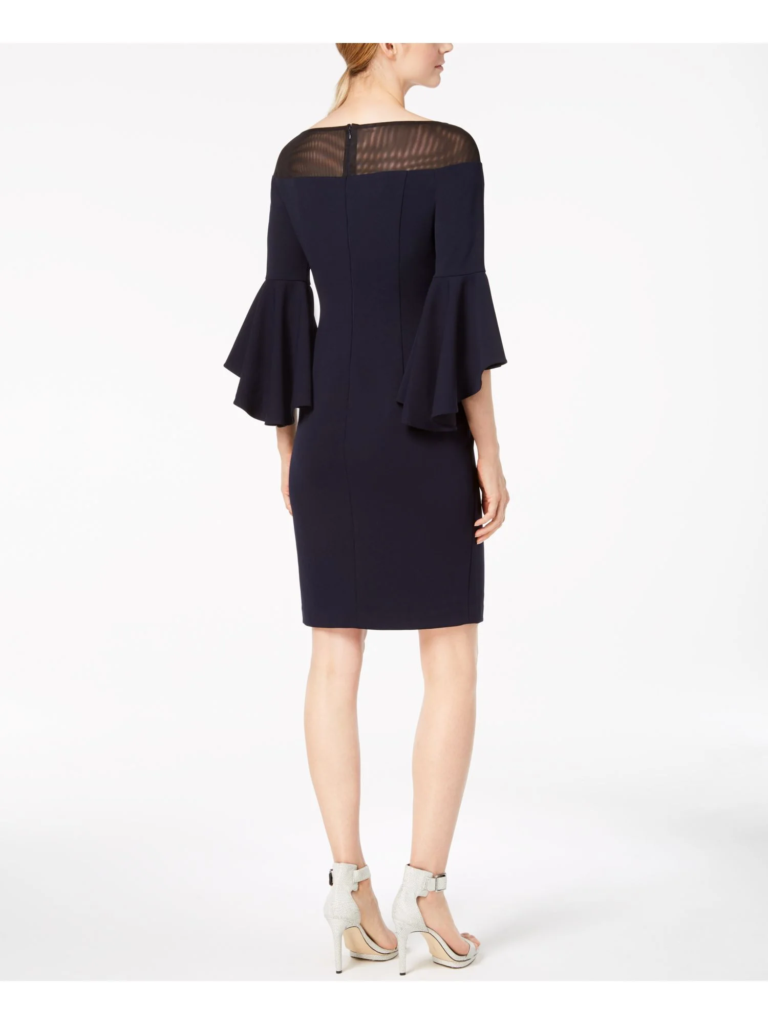 CALVIN KLEIN Womens Navy Illusion Bell Sleeve Jewel Neck Sheath Dress 6