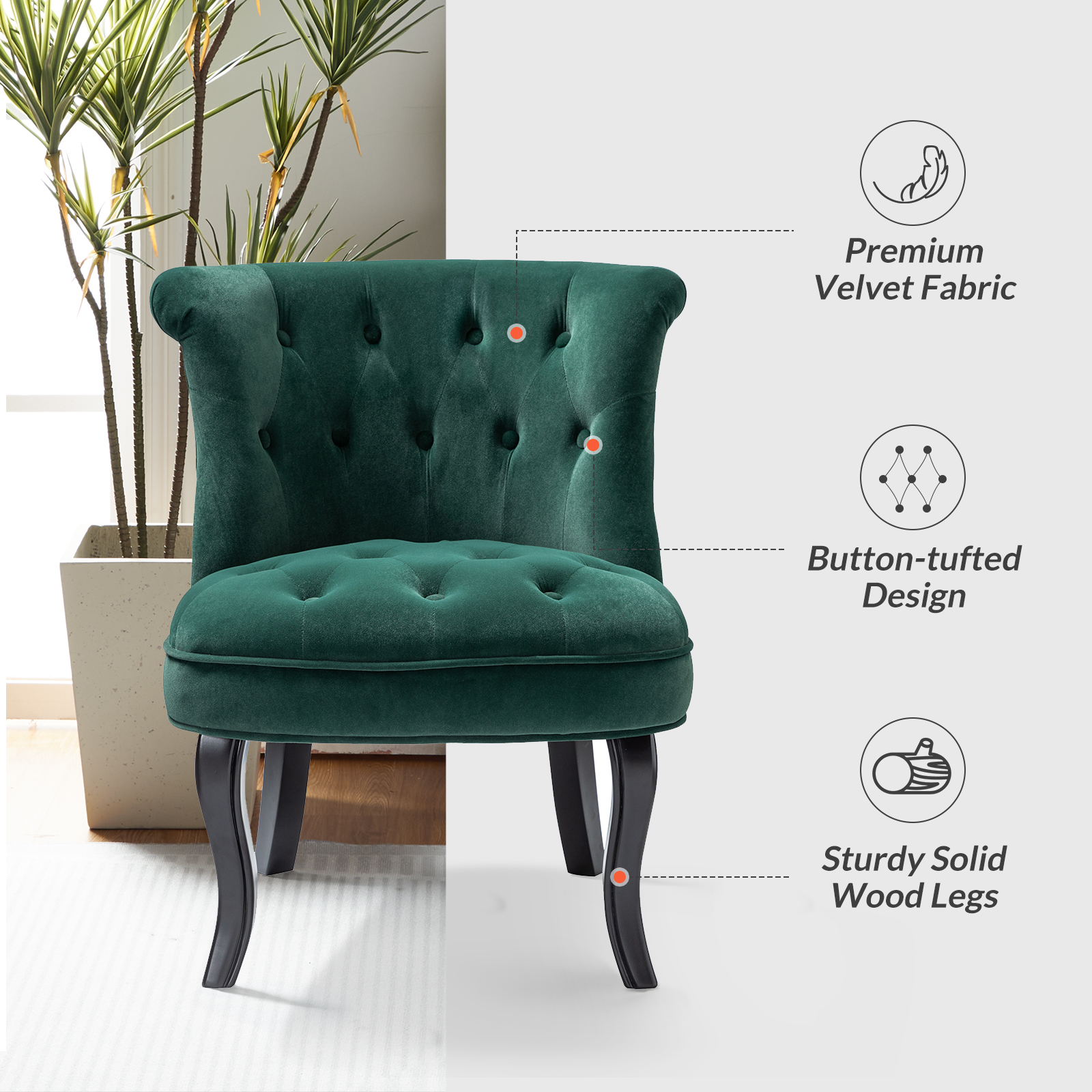 Modern Velvet Armless Accent Chair Upholstered Button Single Sofa Wooden Legs Home Bedroom Green