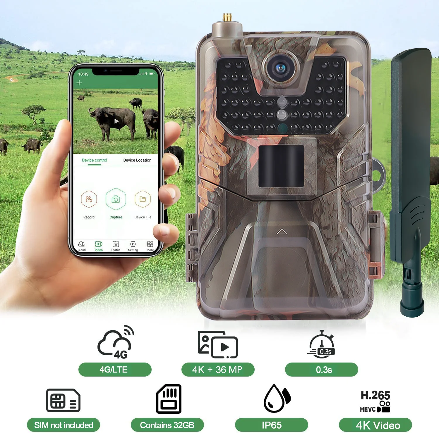 4G/LTE Cellular Trail Camera 36MP 4K APP Game Camera with Live Streaming Video Infrared Night Vision, AA Batteries Powered(AA batteries not included) HC-900Pro-AA