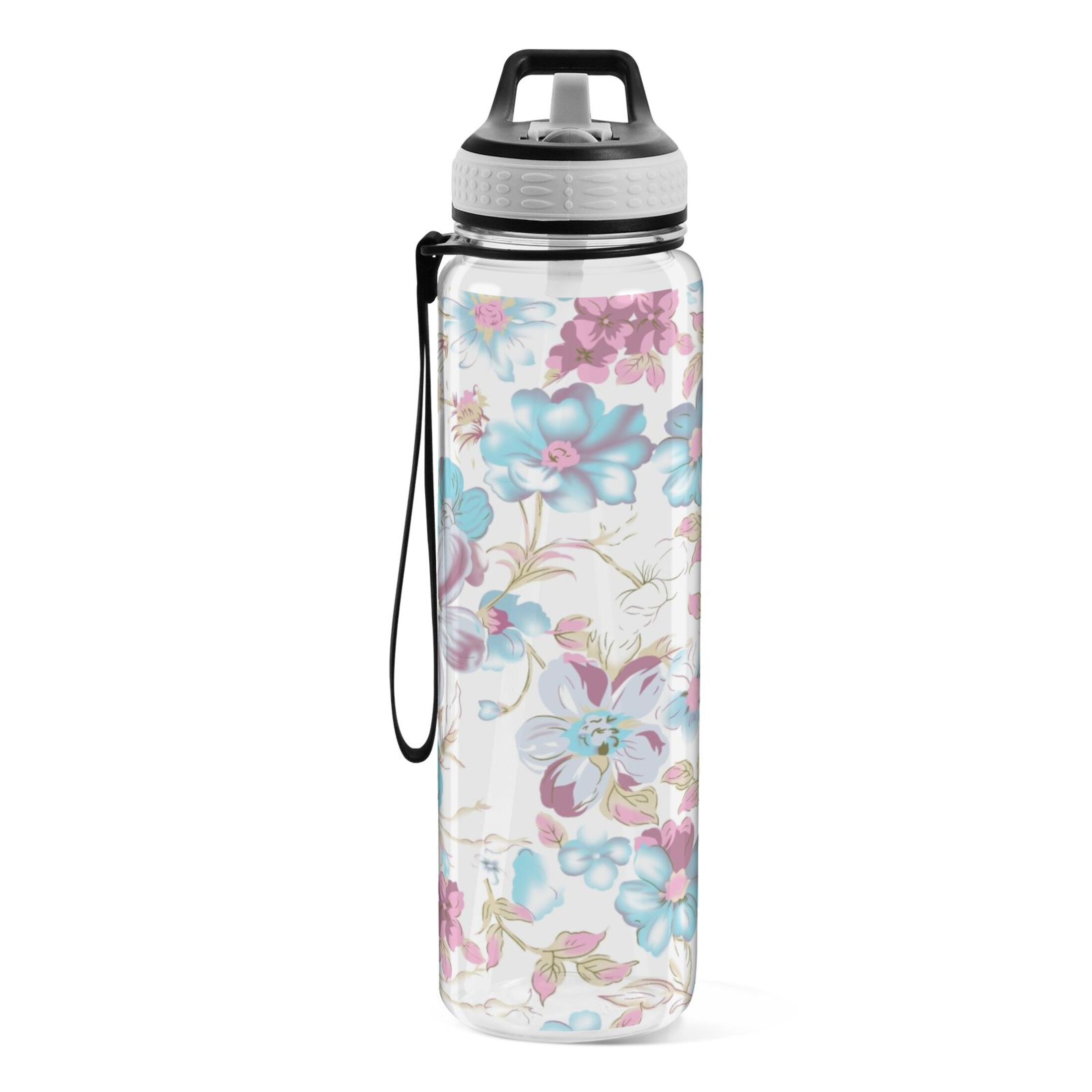 Blue Colorful Flowers 32oz Water Bottles with Straw Tritan Leakproof Sports Bottle BPA Free Clear for Fitness Gym Swimming Cycling
