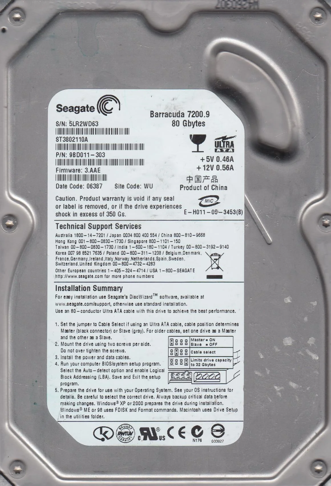 ST3802110A, 5LR, WU, PN 9BD011-303, FW 3.AAE, Seagate 80GB IDE 3.5 Hard Drive