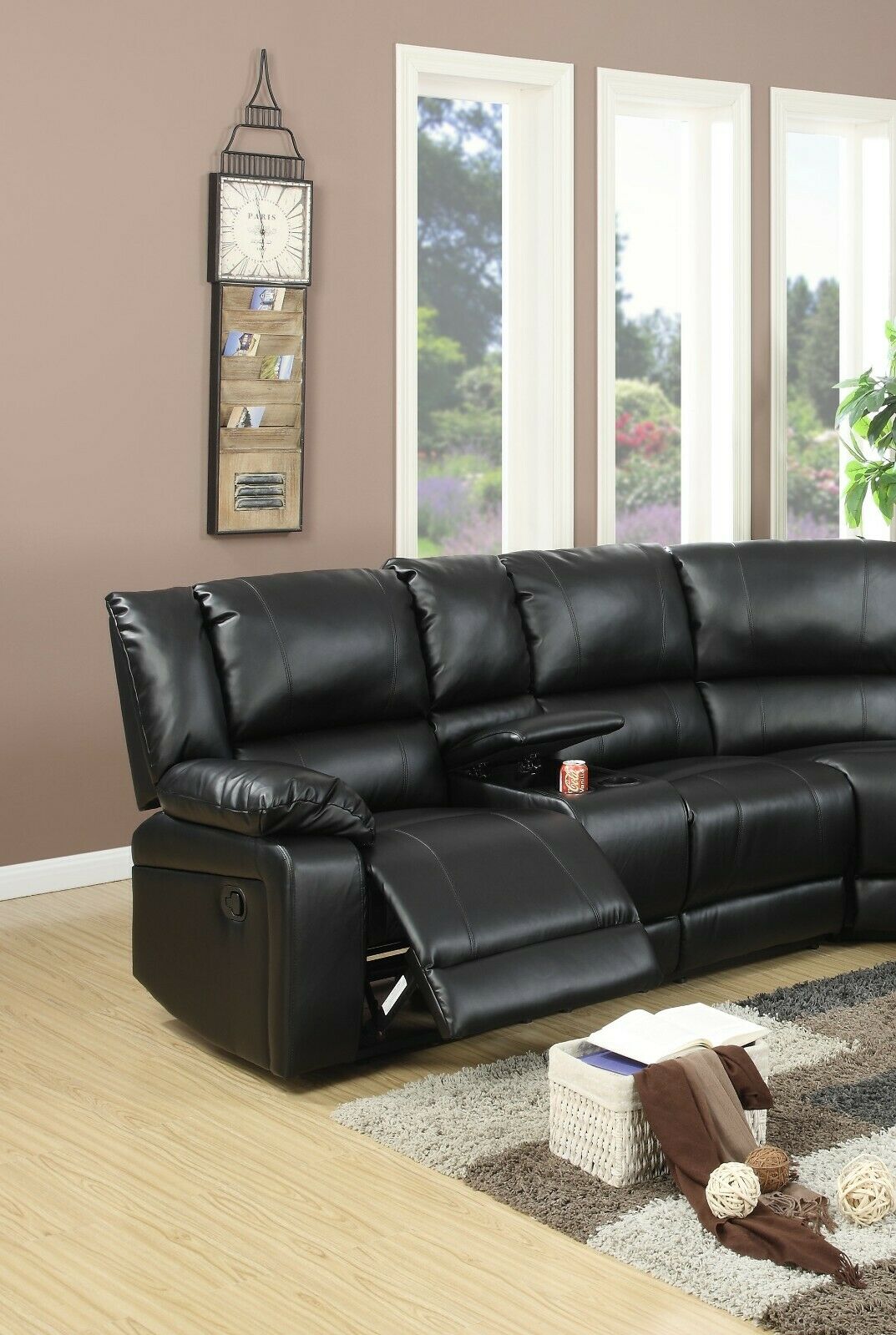 Contemporary Living Room Bonded Leather Black Sectional Sofa Metal Reclining Set Couch Consoles Cup holder Push Back-Chaise