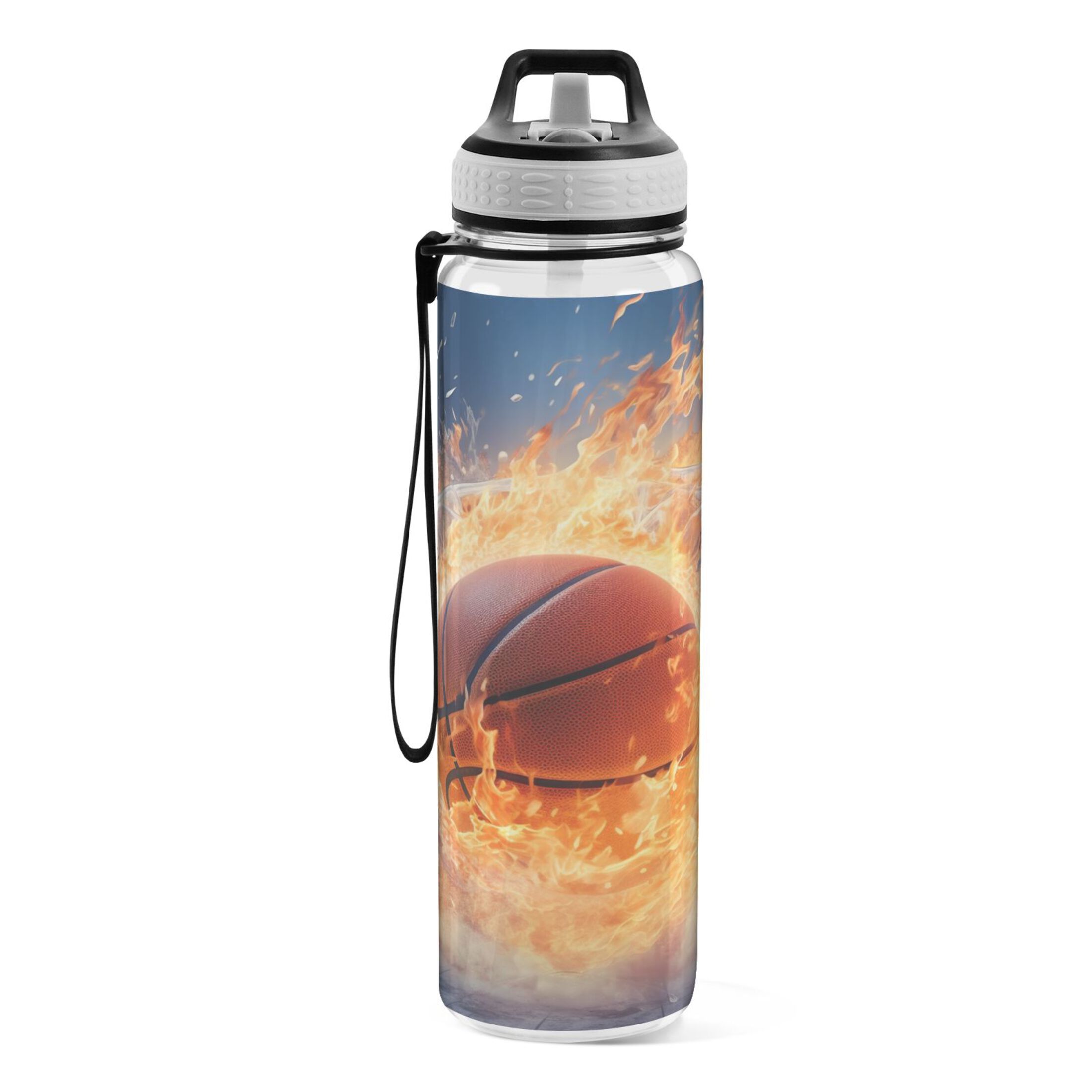 Basketball with Snow and Fire 32oz Water Bottles with Straw Tritan Leakproof Sports Bottle BPA Free Clear for Fitness Gym Swimming Cycling