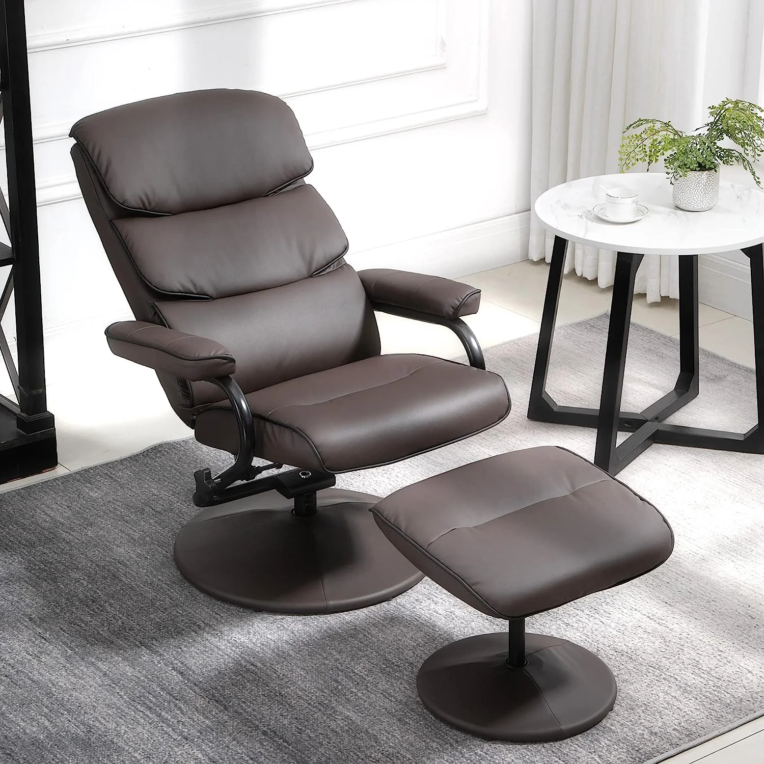 Recliner Chair with Ottoman, PU Leather Swivel High Back Armchair w/Footrest, 135° Adjustable Backrest and Thick Foam Padding, Brown