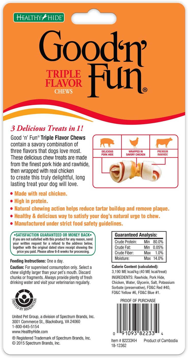 Good 'n' Fun Triple Flavor Rawhide Dog Chews, Mini Bones, 4 Count (1.7 oz.)