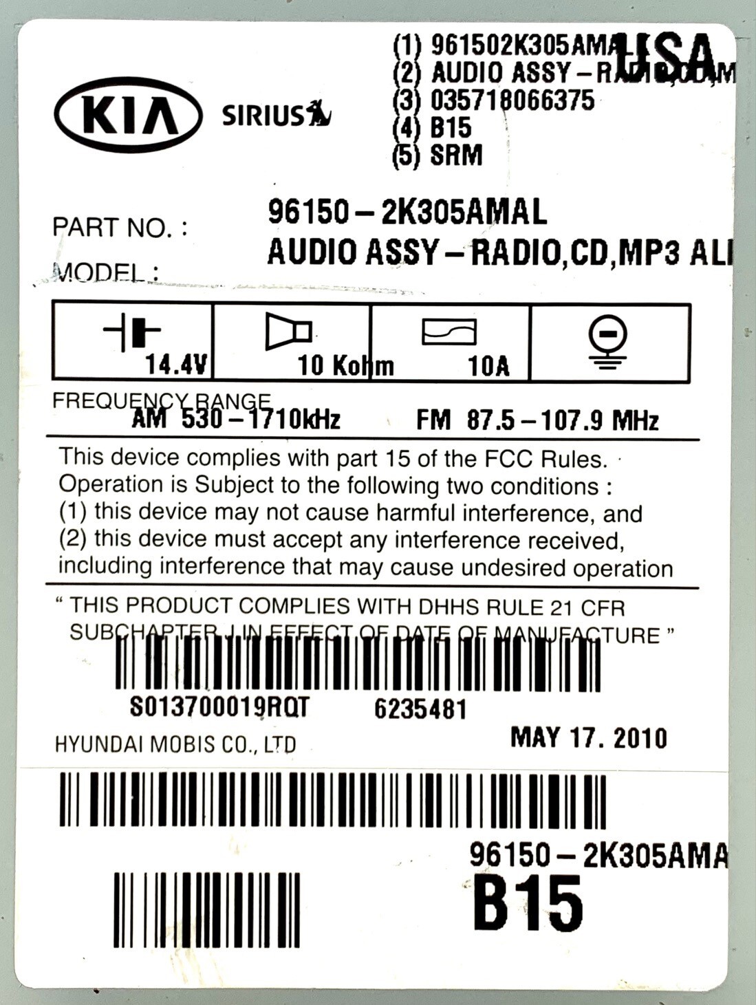 Pre-Owned 2010-2011 Kia Soul Receiver w/ Bluetooth Amp Lt Gray/Dk Gray ID 96150K305 OEM (Good)