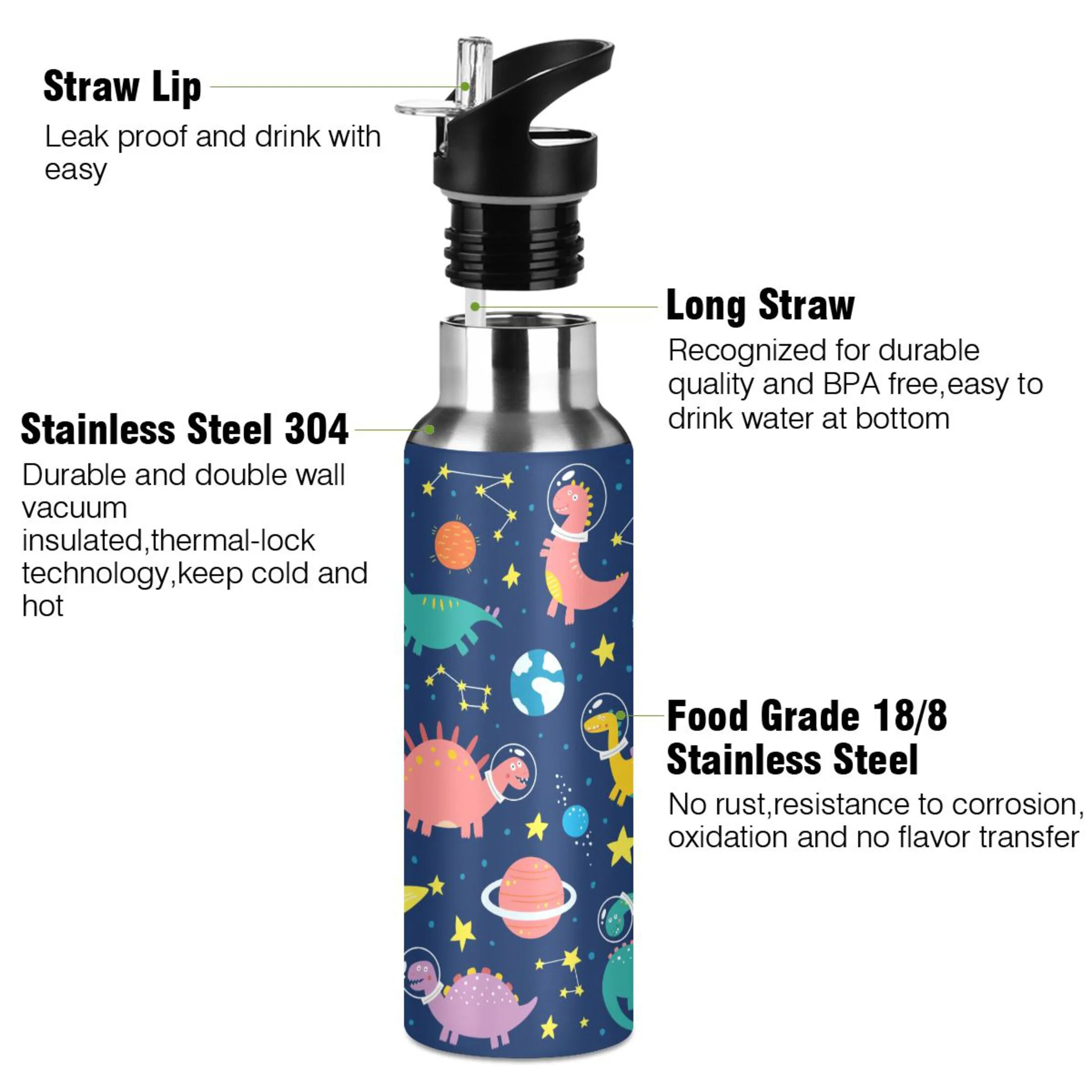 Water Bottle with Straw Lid Leak Dinosaur Space Stainless Steel Insulated Thermos Vacuum Flask for Cold Hot Drinking for Sports Camping Gym Yoga