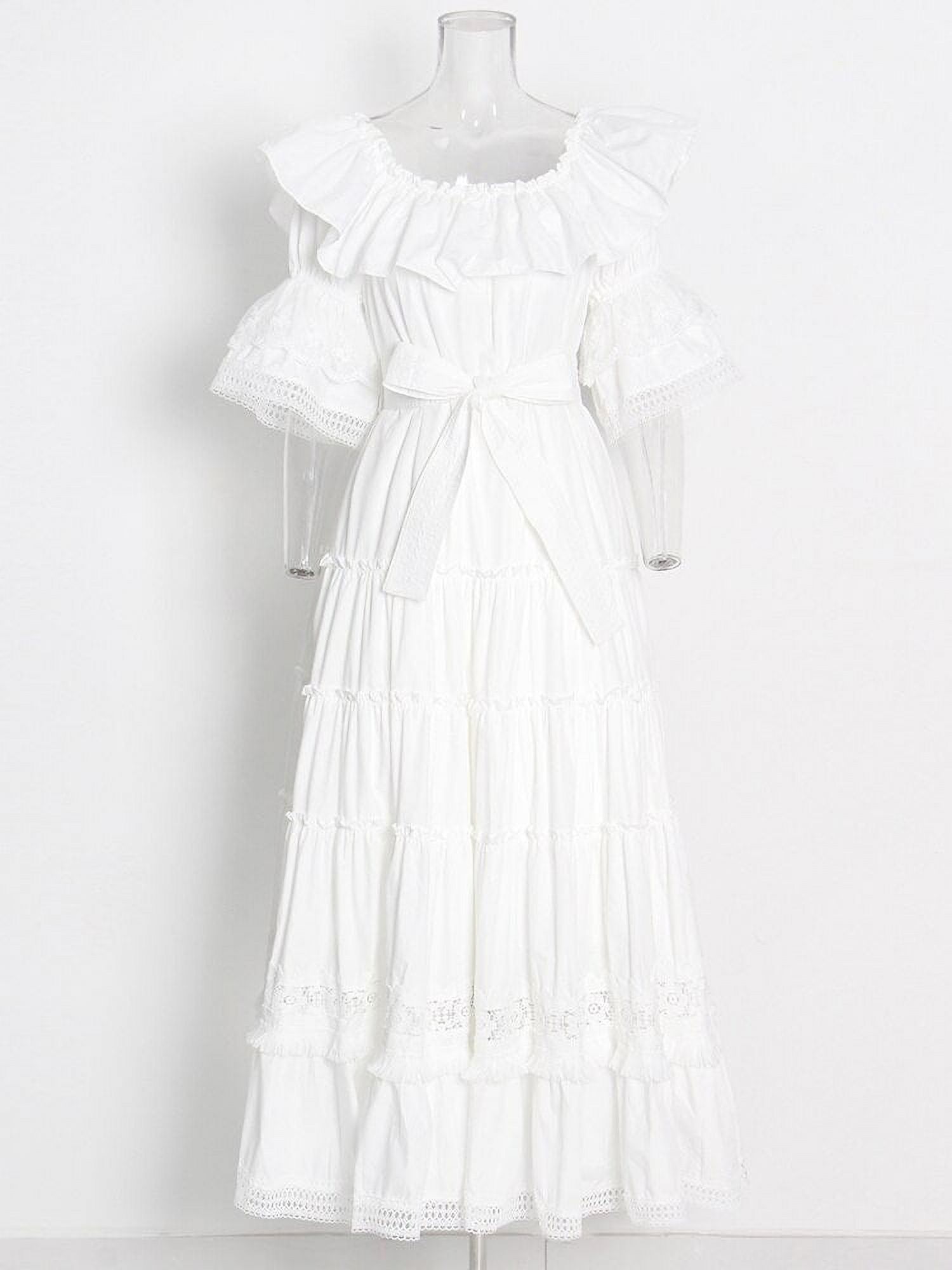 Elegant White Dress: Women's Slash Neck Short Sleeve, Patchwork Ruffle Trim, Lace Panel, High Waist, Long Dresses
