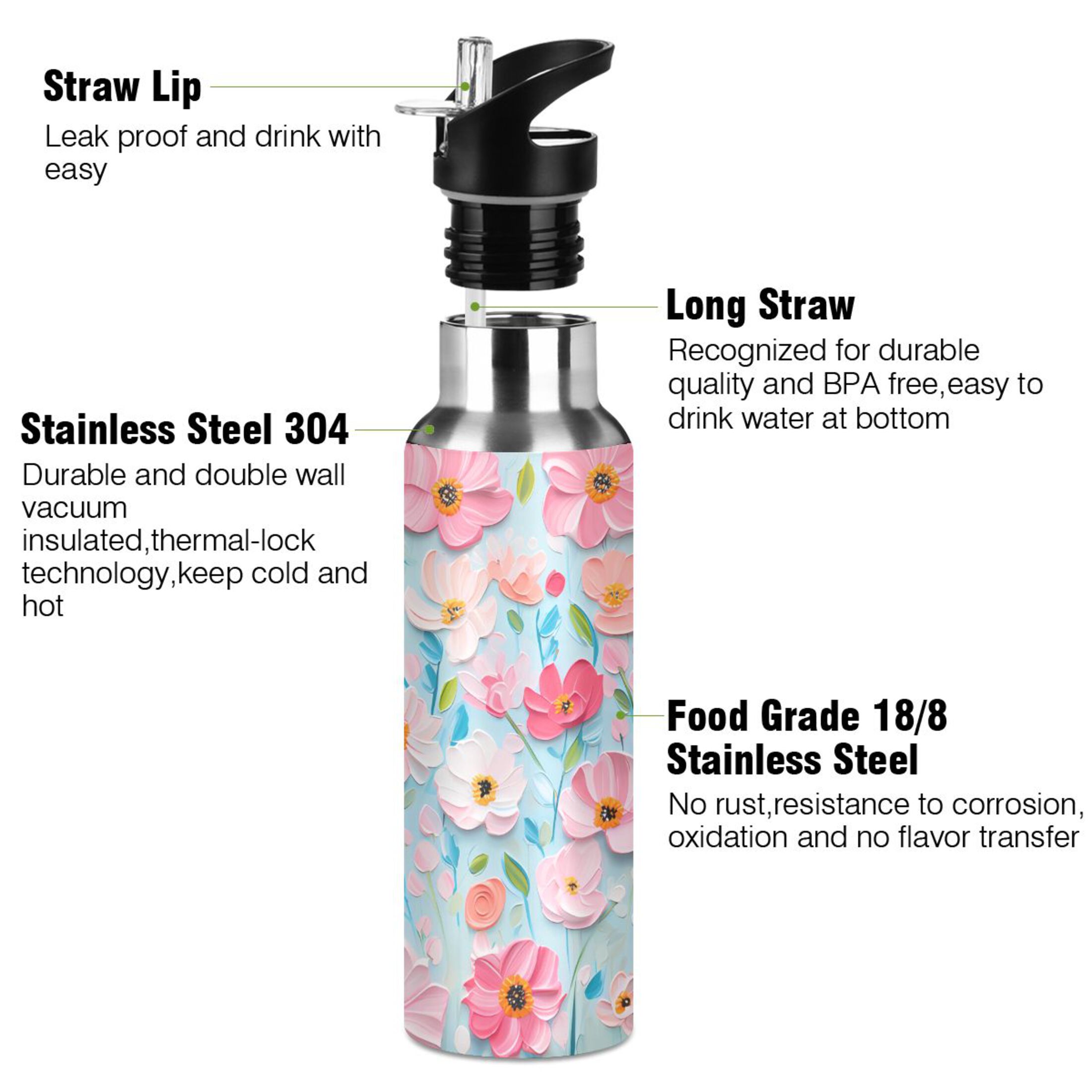 Floral Oil Paint Water Bottles Insulated Thermos Kids Stainless Steel Bottle with Straw Lid Flask Leakproof for Sports Gym 20 oz