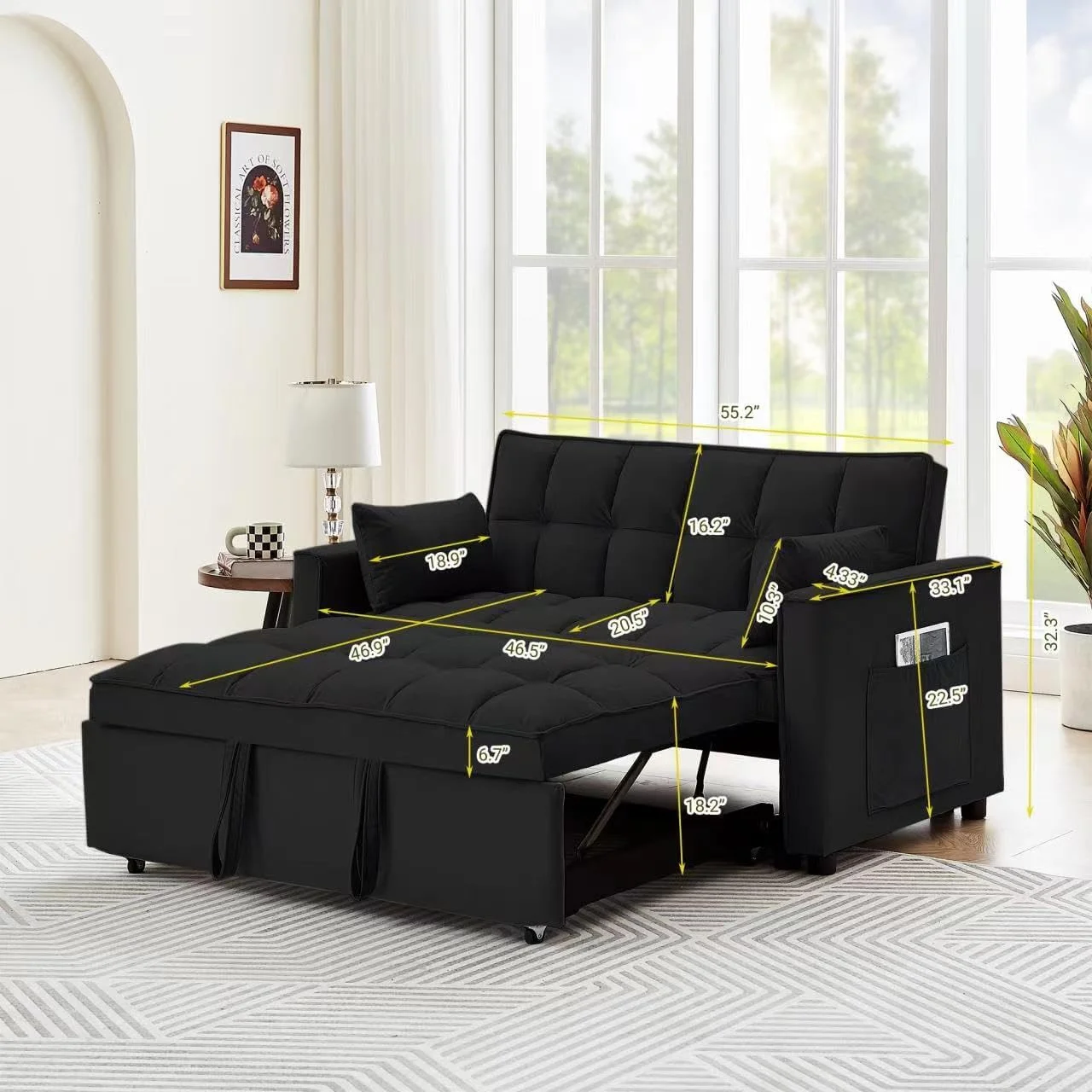 Modern Velvet Convertible Sleeper Sofa Bed, 3-In-1 Multi-Functional Sleeper Couch Pull-Out Bed, Loveseat Chaise Lounge W/Adjustable Backrest For Living Room, Small Space
