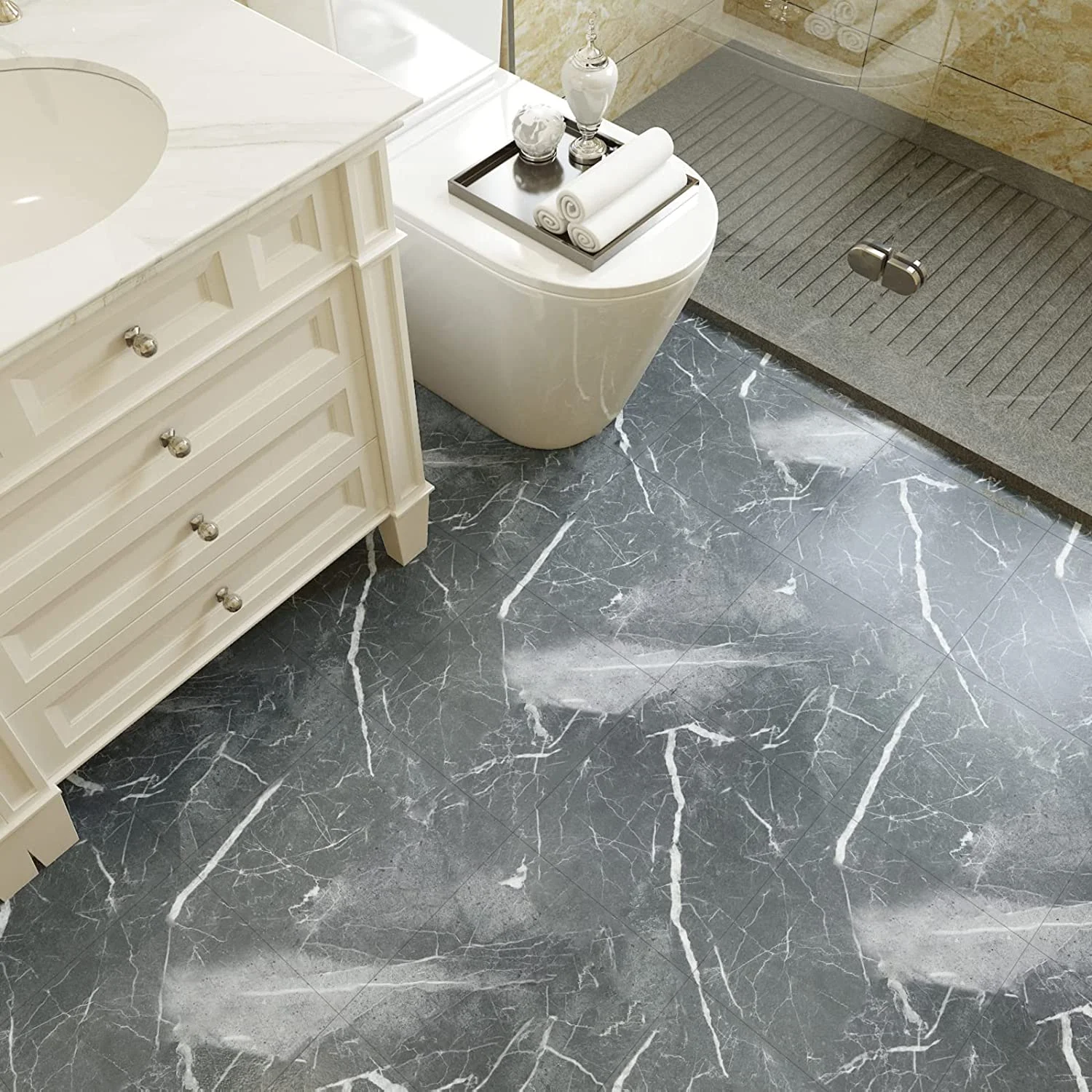 VEELIKE Marble Look Peel and Stick Floor Tile 12-Pack Vinyl Flooring Tile Waterproof Peel and Stick Bathroom Tiles Sticker Grey Marble Self Adhesive Removable Flooring for DIY Kitchen Bedroom 12-Inch