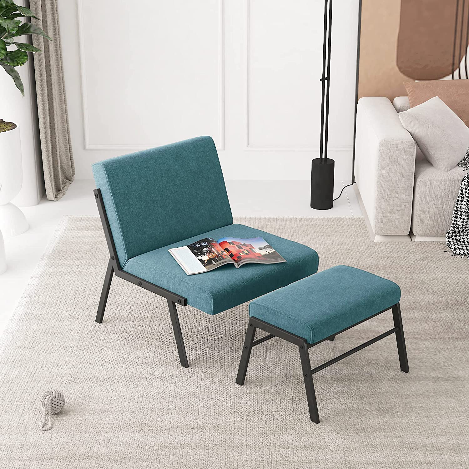 Holaki Accent Chair with Ottoman, Modern Upholstered Accent Chair, Linen Sofa Chair with Ottoman Footstool for Bedroom, Living Room, Office, Blue