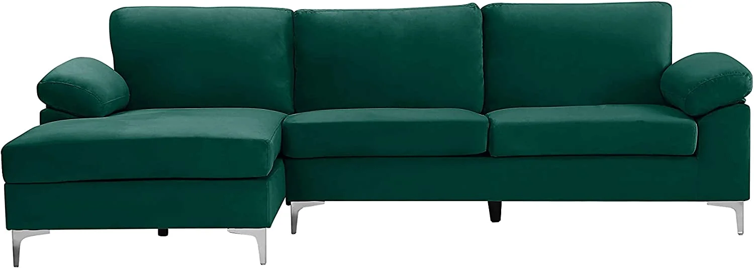 Large Green 3 Seats Sofa with Chaise Velvet Fabric Sectional Sofa L-Shape Couch Left Hand