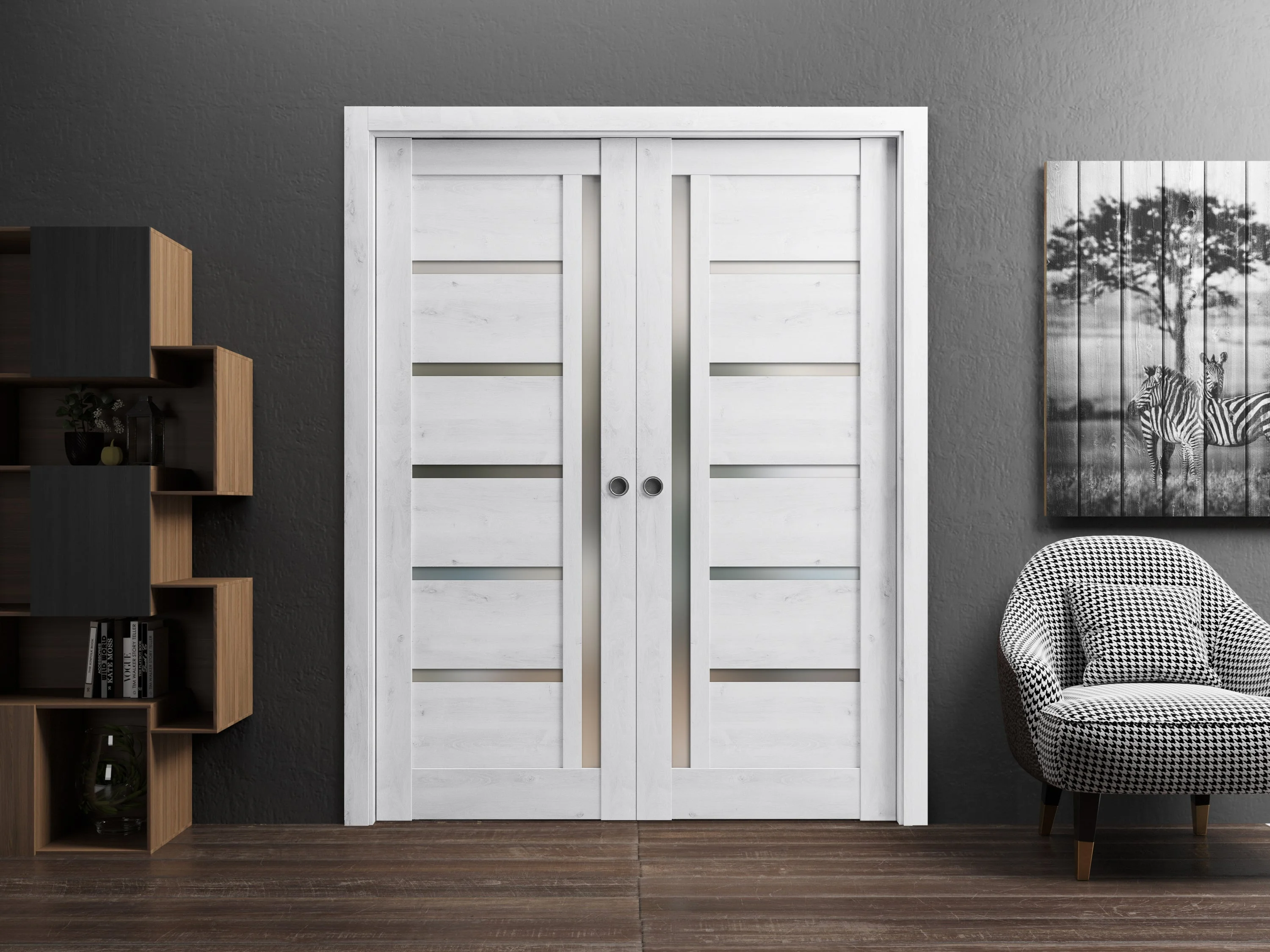 Sliding French Double Pocket Doors 72 x 80 inches | Quadro 4088 Nordic White with Frosted Glass | Kit Trims Rail Hardware | Solid Wood Interior Bedroom Sturdy Doors