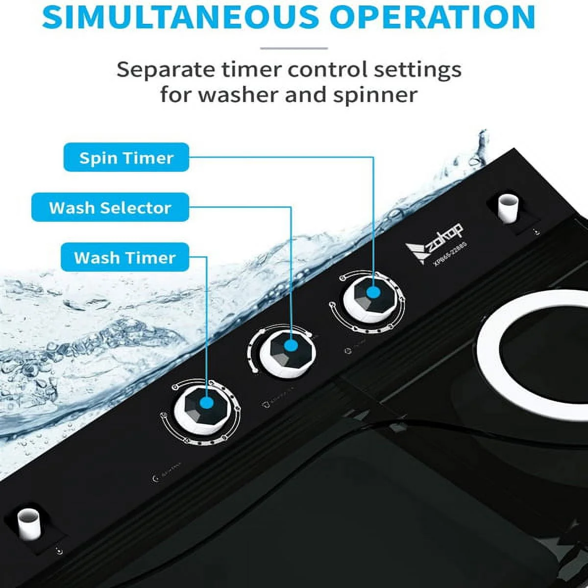 Twin Tub with Built-in Drain Pump XPB65-2288S 26Lbs Semi-automatic Twin Tube Washing Machine for Apartment, Dorms, RVs, Camping and More, White&Black US Standard