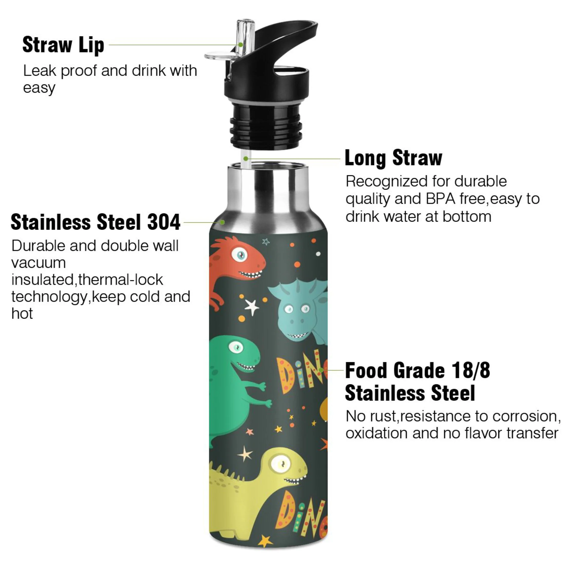 Stainless Steel Water Bottle Funny Cartoon Dinosaurs with Straw Lid Vacuum Insulated Keeps Hot and Cold Leak Proof Flask Jug for Gym Travel Sports Cycling Outdoor 20 OZ