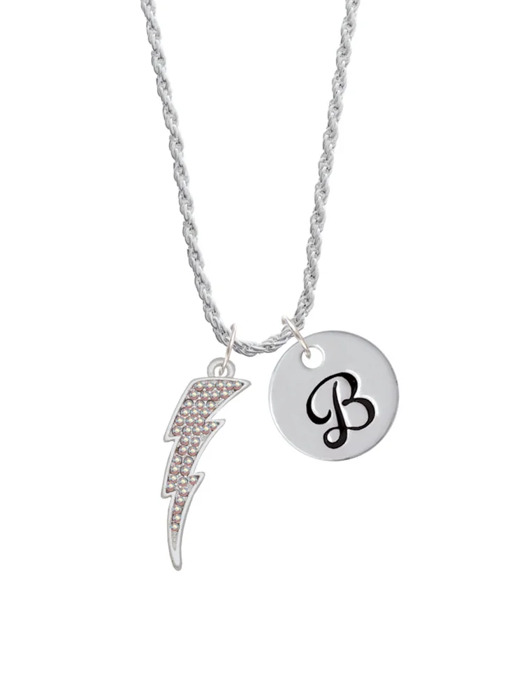 Delight Jewelry Silvertone Large Clear AB Crystal Lightning Bolt Silvertone Script Initial Disc - B - Charm Necklace, 20