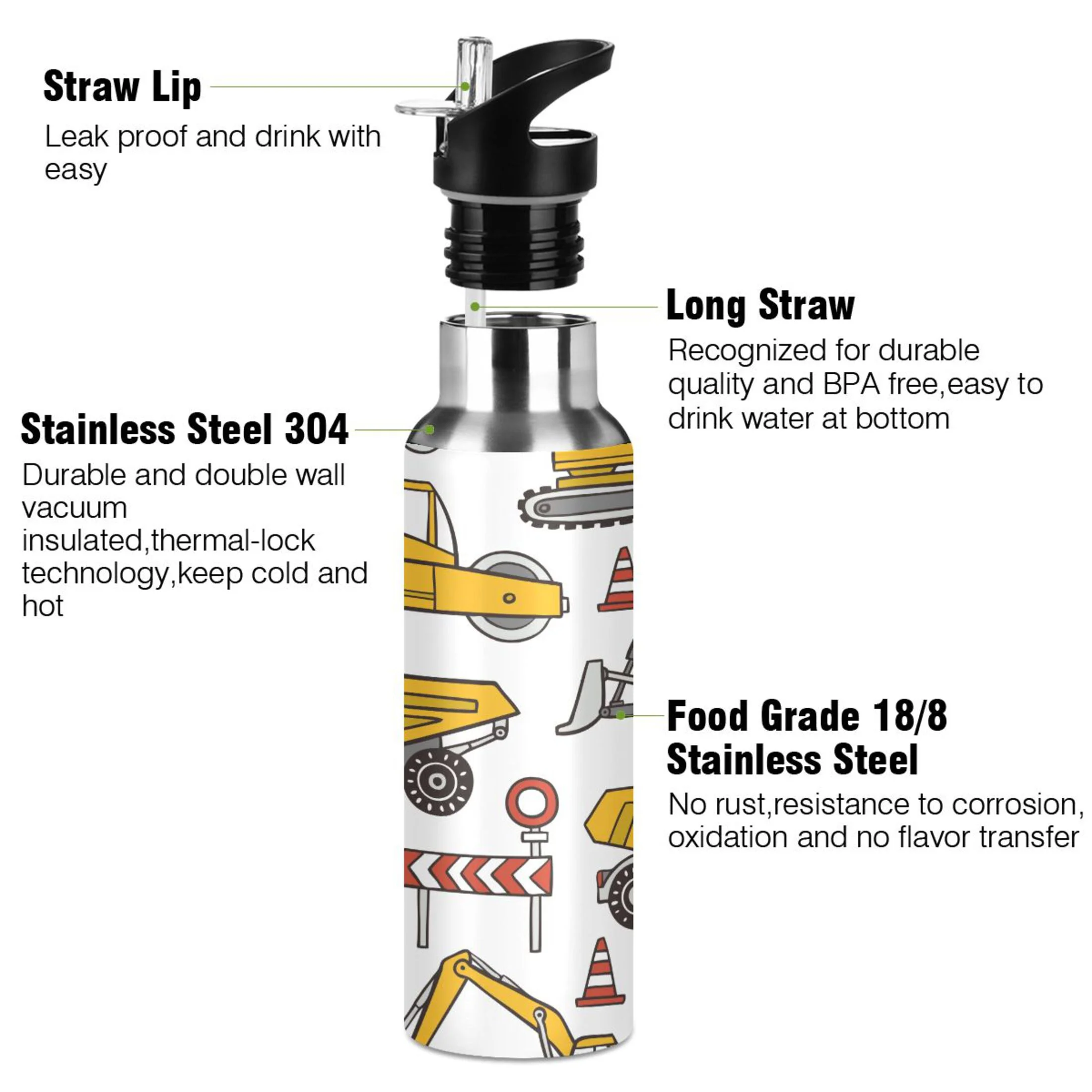 Water Bottle with Straw Lid Leak Truck Childish Stainless Steel Insulated Thermos Vacuum Flask for Cold Hot Drinking for Sports Camping Gym Yoga