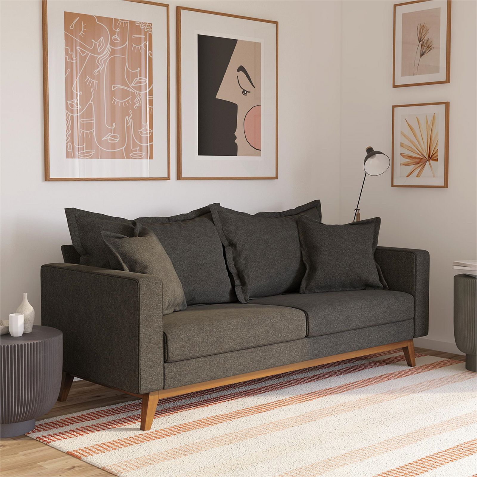 Pemberly Row Contemporary Pillowback Wood Stretcher Sofa Gray Linen