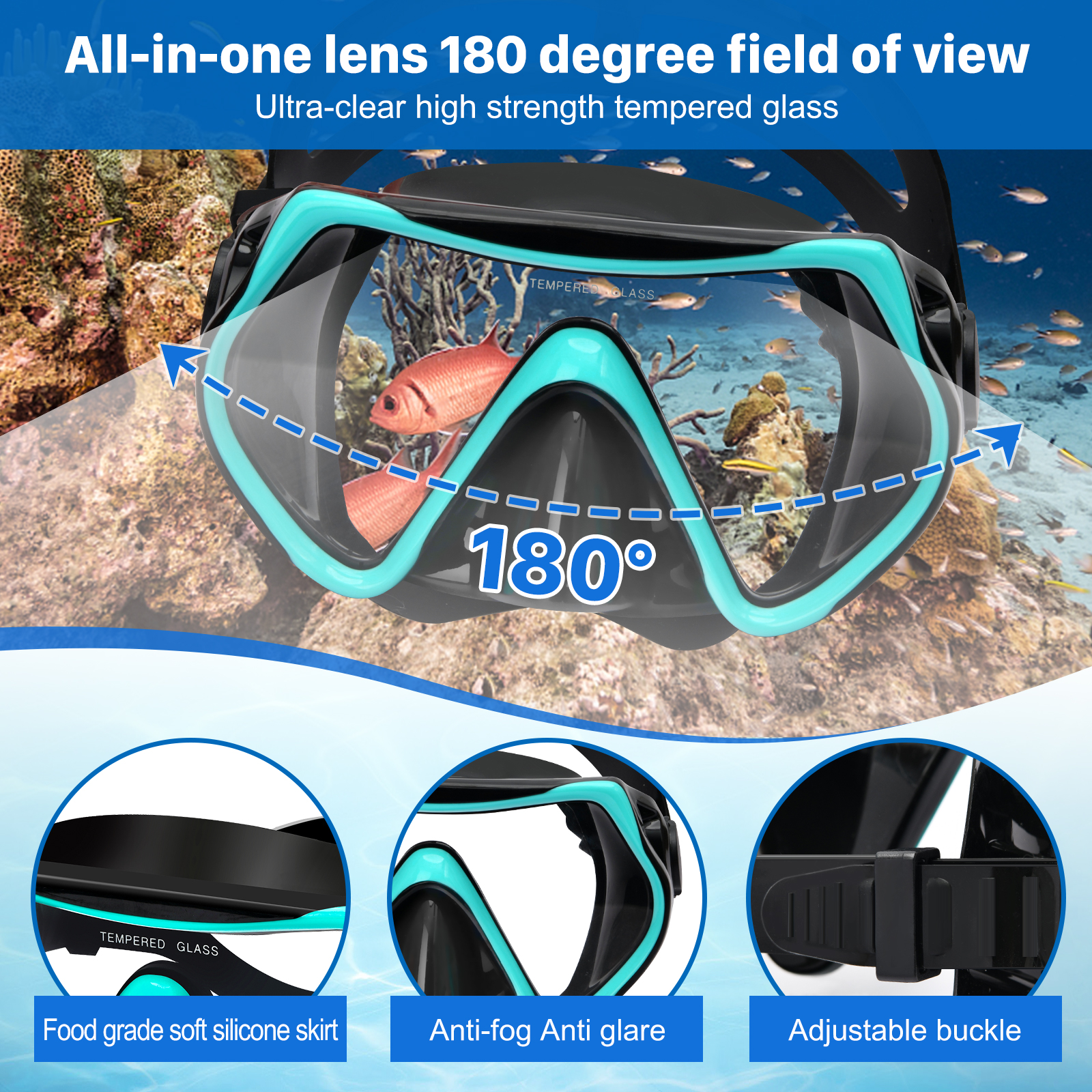 Mask Fins Snorkel Set 5 in 1 Professional Snorkeling Gear for Adults Anti-Fog Tempered Glass Scuba Gear for Snorkeling Swimming Scuba Diving, Dry Top Snokles Adults Set with Earplugs and Travel Bag.