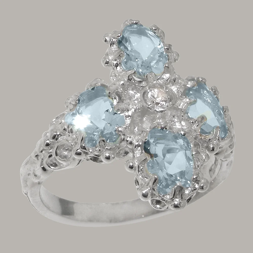 LBG British Made 925 Sterling Silver Natural Diamond & Aquamarine Womens Anniversary Ring - 33 size options - Size 6.75