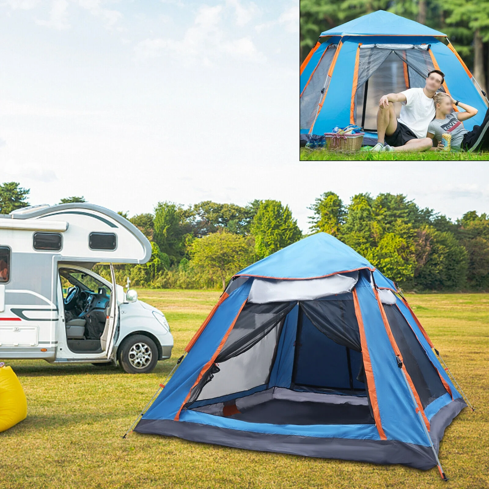 Outdoor Camping Traveling Tent Automatic Instant Pop Up Tent Picnic Hiking Waterproof Shelter for 4-5 Person Blue