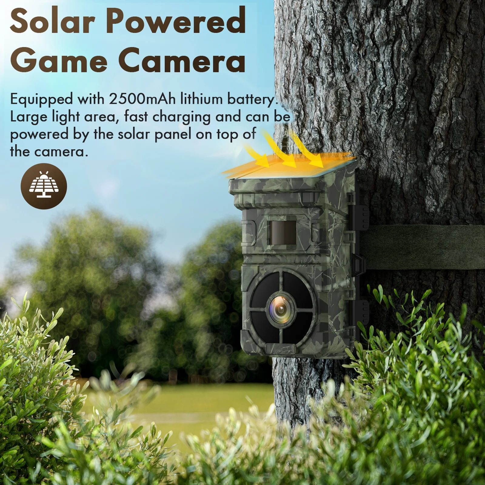TOGUARD Solar Powered Trail Camera with SD Card 1080P 24MP Hunting Game Camera with Rechargeable 2500mAh Loop Recording 0.1s Trigger Time Night Vision Waterproof Deer Trail Cam for Wildlife Monitoring
