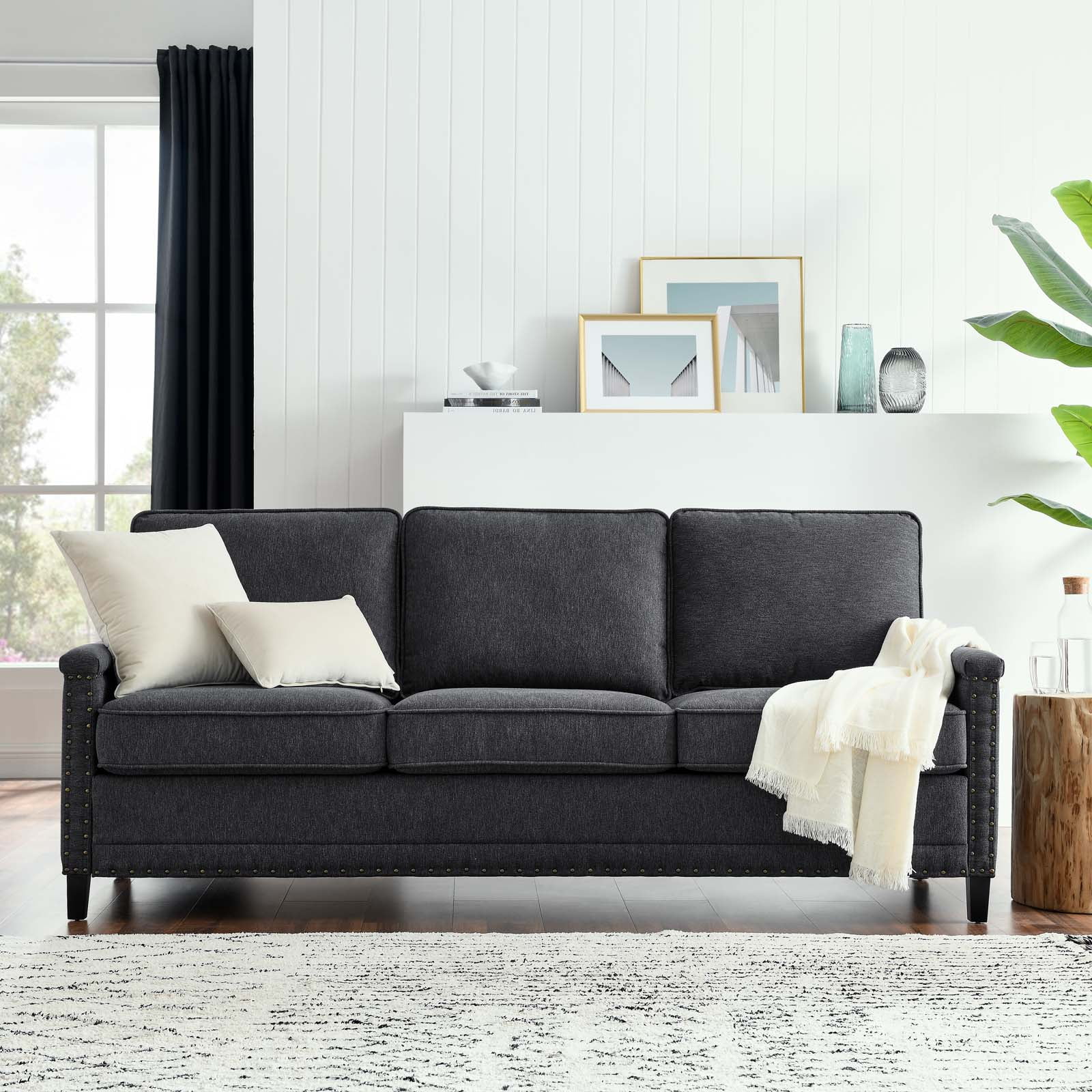 Sofa, Fabric, Dark Grey Gray, Modern Contemporary Urban Design, Living Lounge Room Hotel Lobby Hospitality