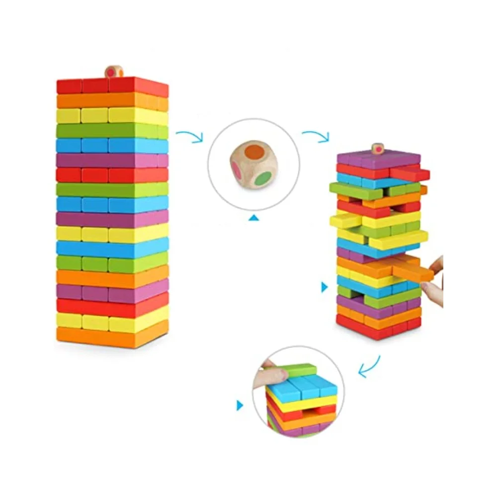 Wooden Balance Game, 3D Puzzle, Board Game, Building Blocks Dominoes Blocks, Table Game, Fun for Children and Adults for Old and Young Men (6 Colors, 54 PCS)