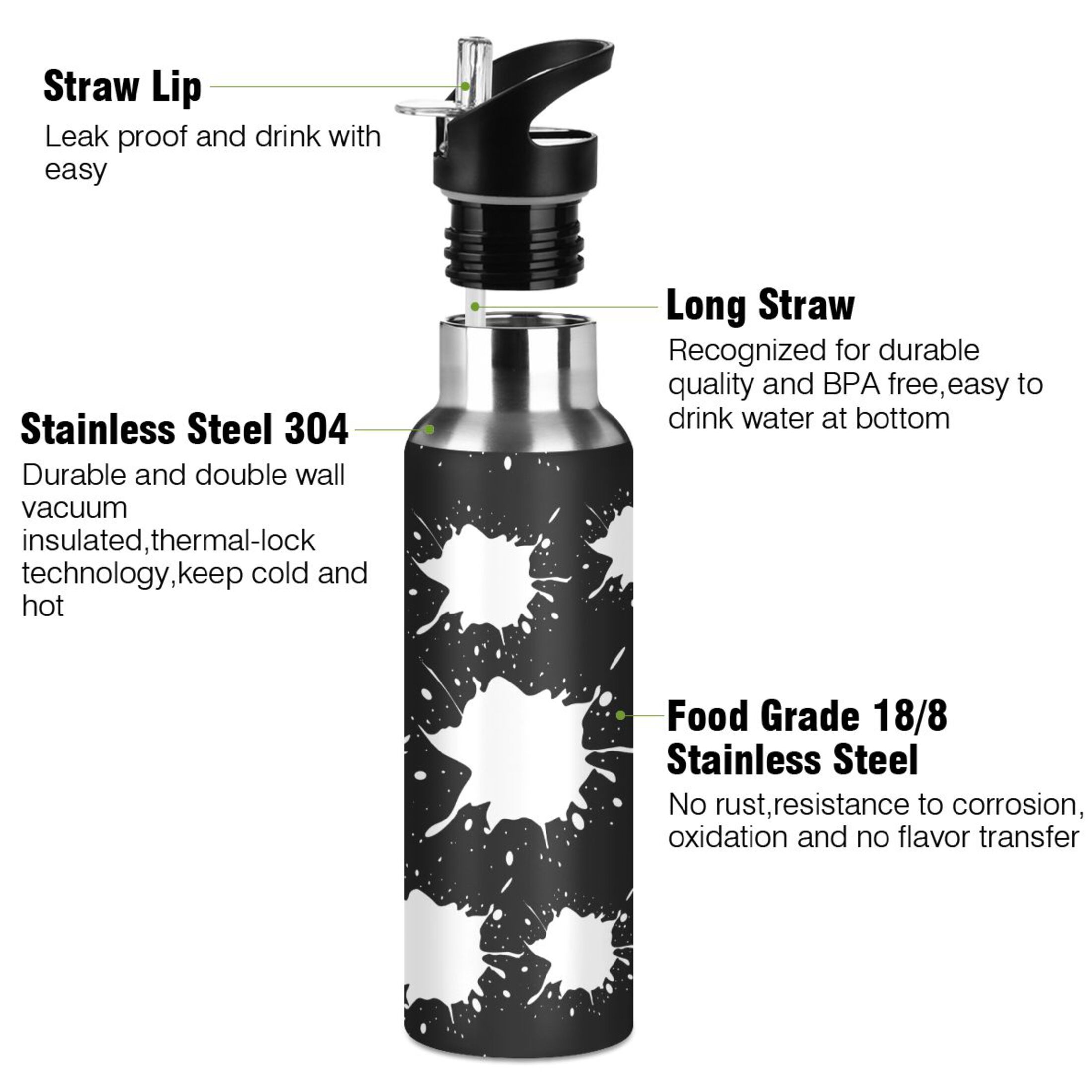 Stainless Steel Water Bottle Black White with Straw Lid Vacuum Insulated Leak Proof Flask Jug for Gym Travel Sports Cycling Outdoor 20 OZ