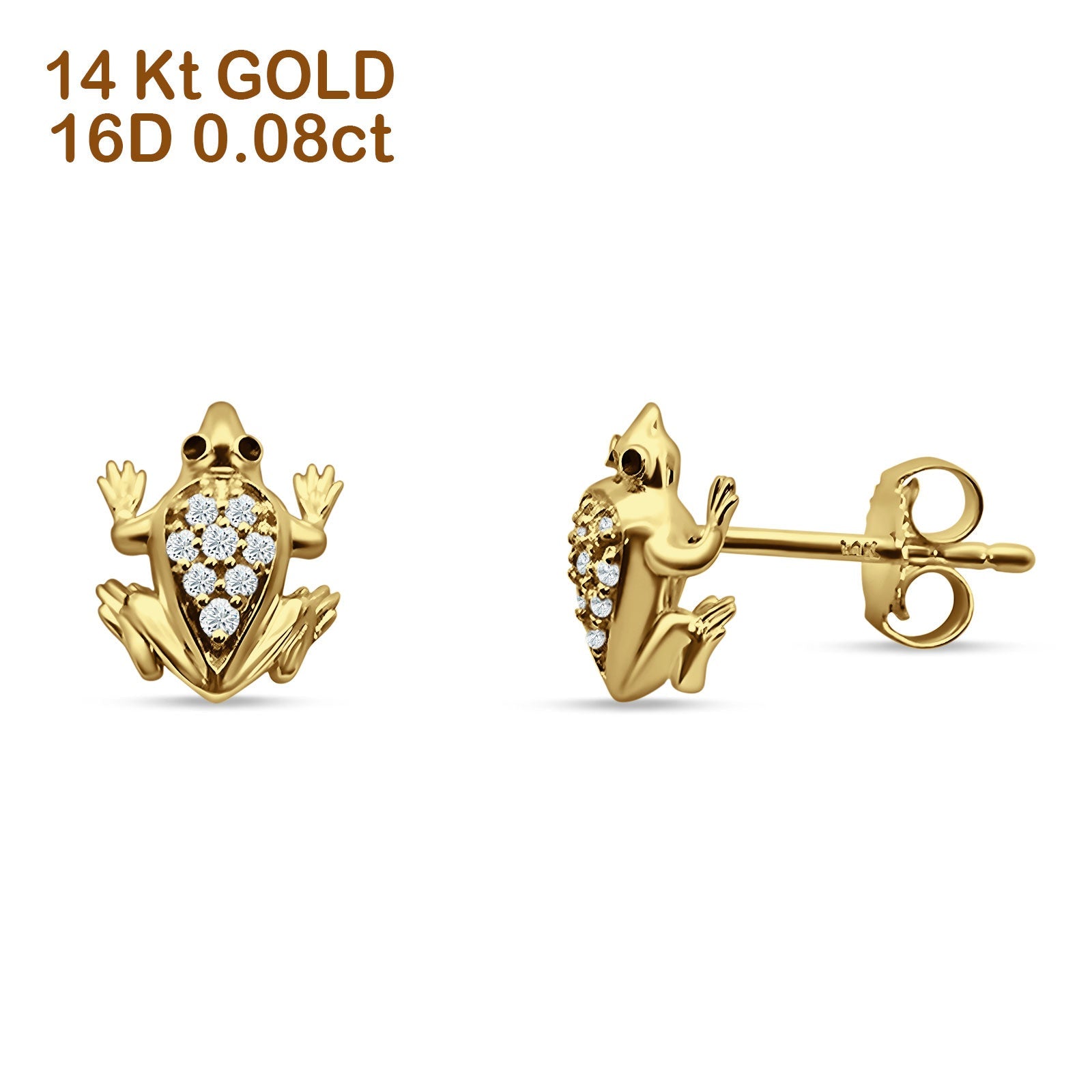14K Yellow Gold Dainty Cute Animal Jewelry Diamond 0.08ct Frog Stud Earrings