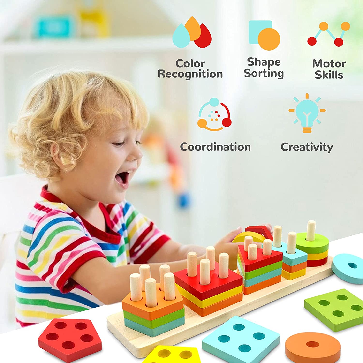 Toys for 1 2 3 Year Old Boy Girl Gifts, Sensory Toys for Baby 12-18 Months, Wooden Sorting and Stacking Toys for Toddlers 1-3, Educational Learning Toy Baby Fine Motor Skills Toys
