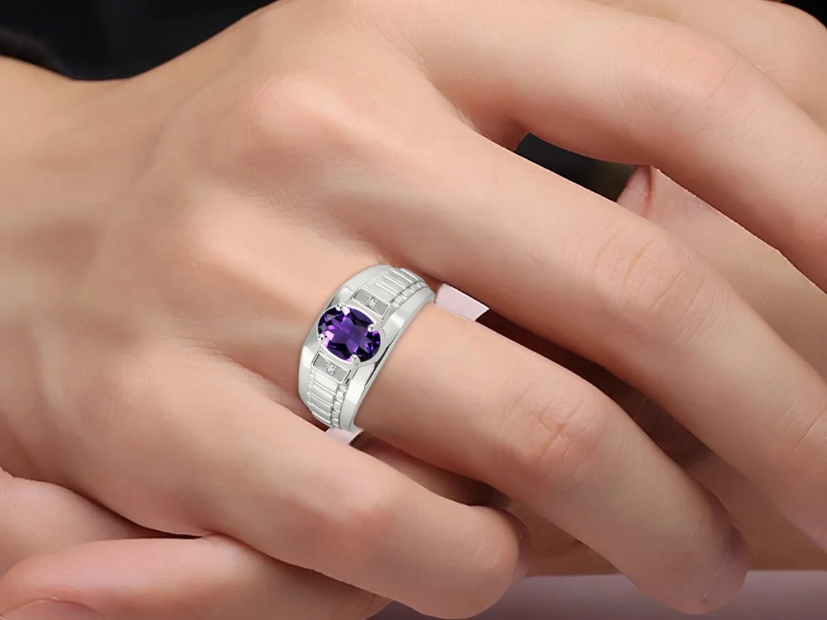 RYLOS Mens Rings Sterling Silver Rings Classic Designer Style 8X6MM Oval Gemstone & Genuine Diamond Ring   Amethyst February Birthstone Rings For Men, Men's Rings, Silver Rings, Sizes 8,9,10,11,12,13