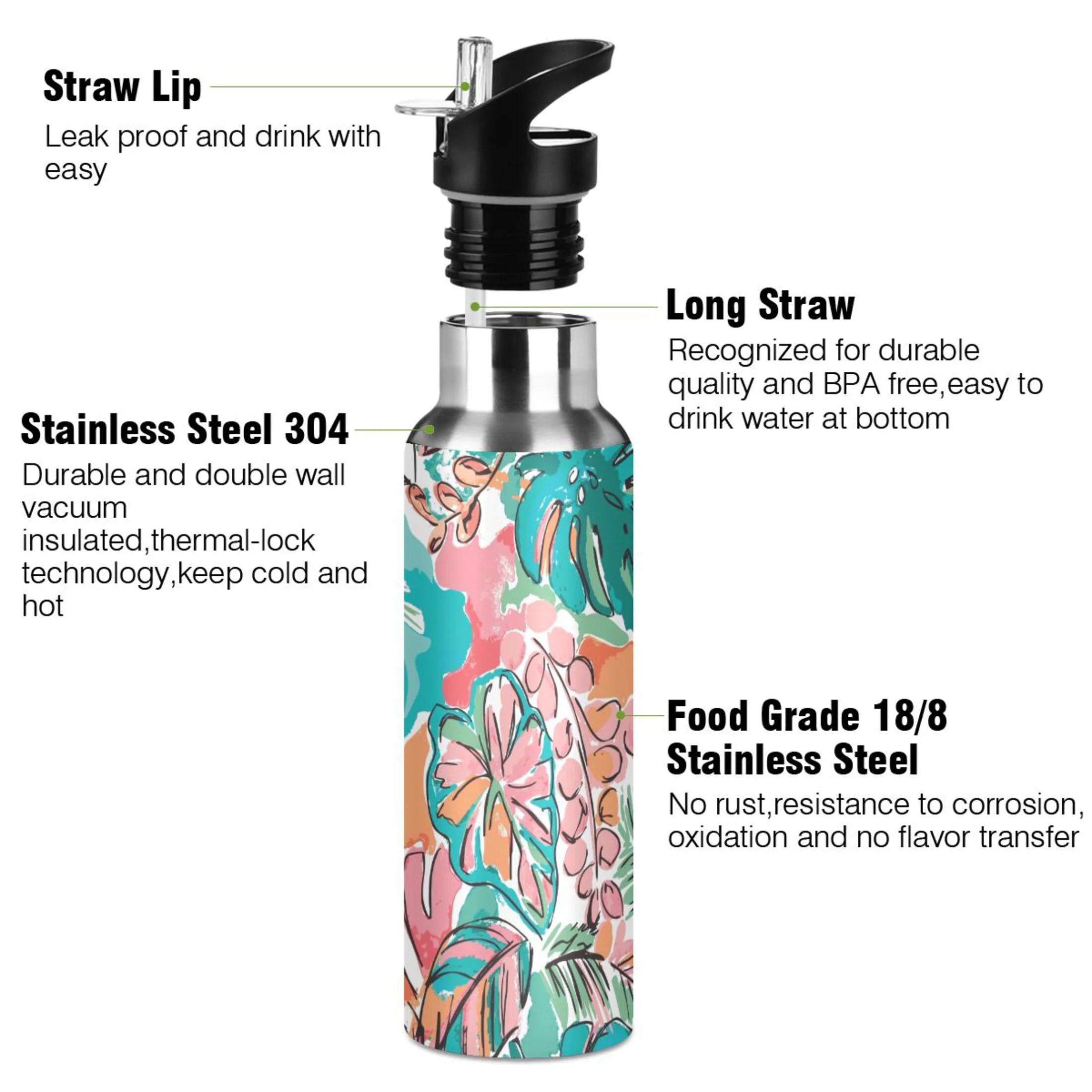 Water Bottle with Straw Lid Leak Tropical Palm Leaves Stainless Steel Insulated Thermos Vacuum Flask for Cold Hot Drinking for Sports Camping Gym Yoga