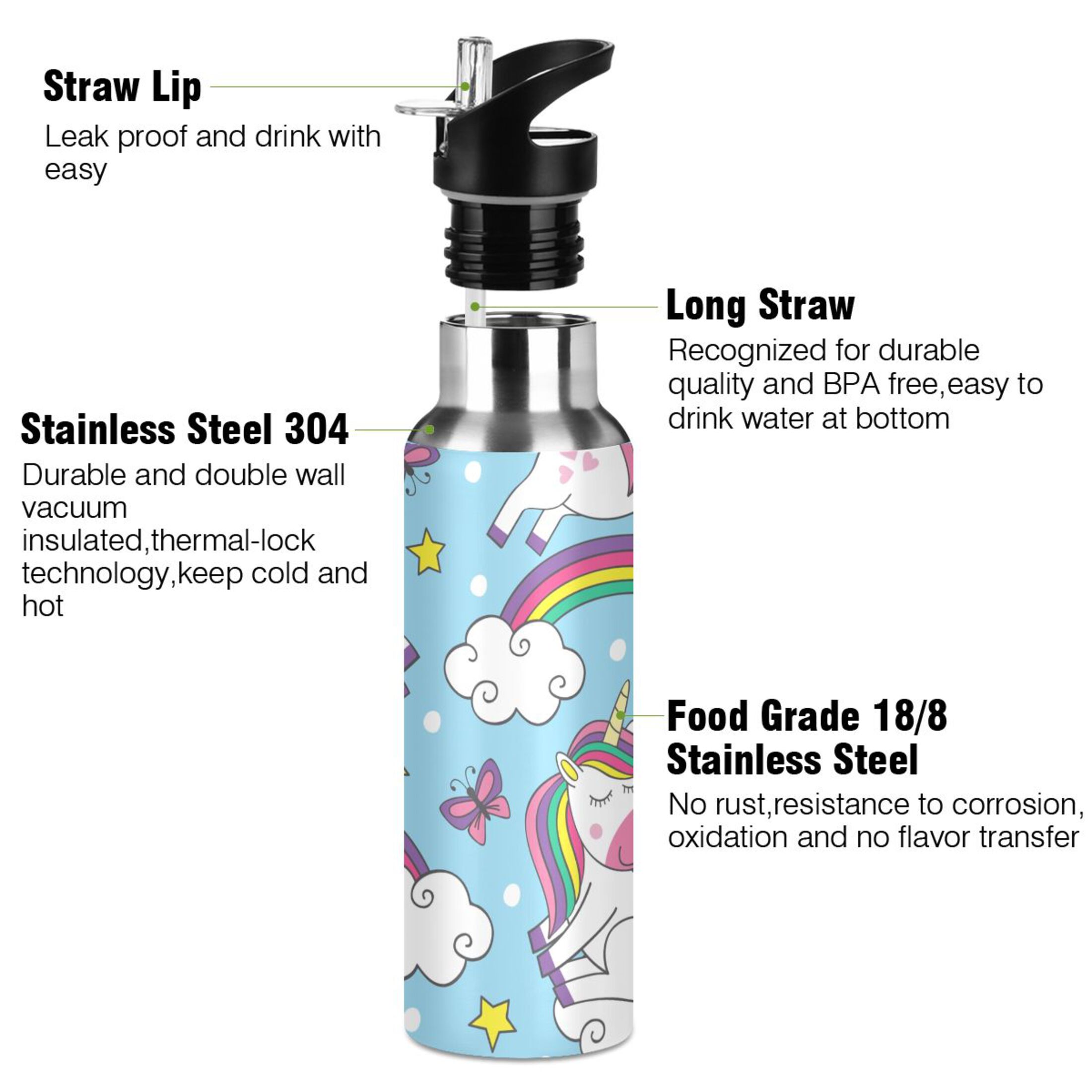 Water Bottle with Straw Lid Leak Cartoon Unicorn Rainbow Stainless Steel Insulated Thermos Vacuum Flask for Cold Hot Drinking for Sports Camping Gym Yoga