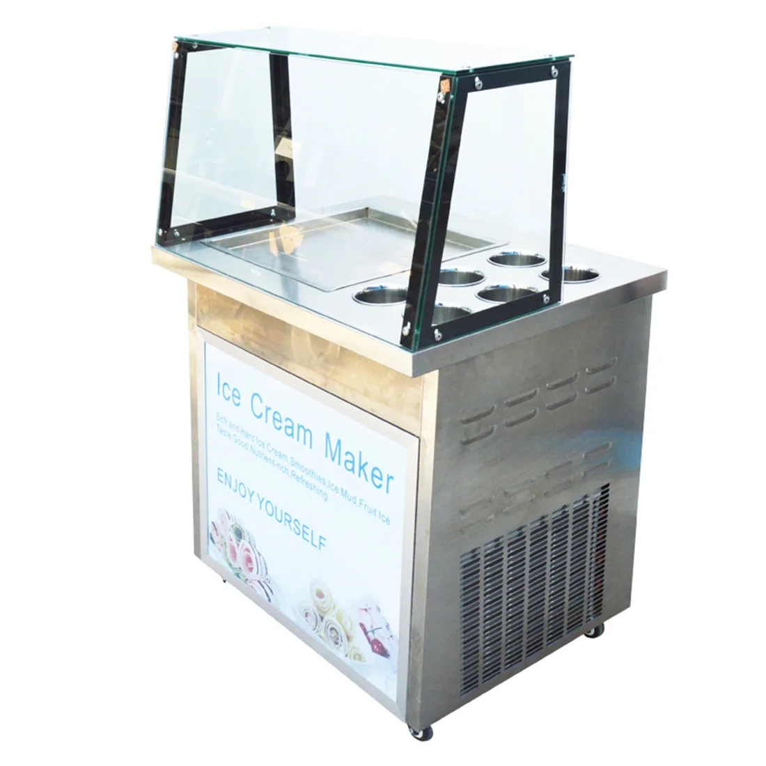 INTBUYING Commercial Fried Yogurt Machine Fried Ice Cream Maker with Dust Cover & 6 Buckets