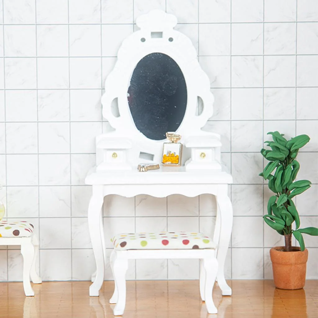 Birch Table w/ Stool for 1/12 Dollhouse Modern Furniture Life Scene White